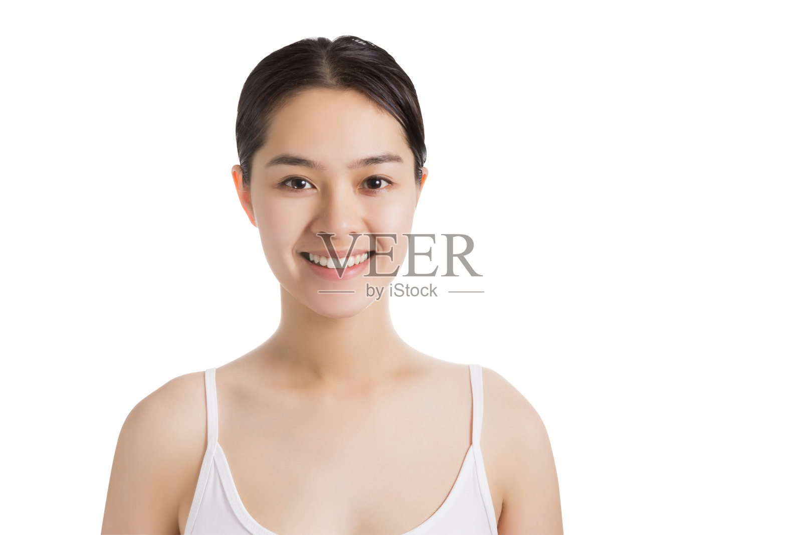 年轻的亚洲女性有笑脸和没有化妆孤立。照片摄影图片