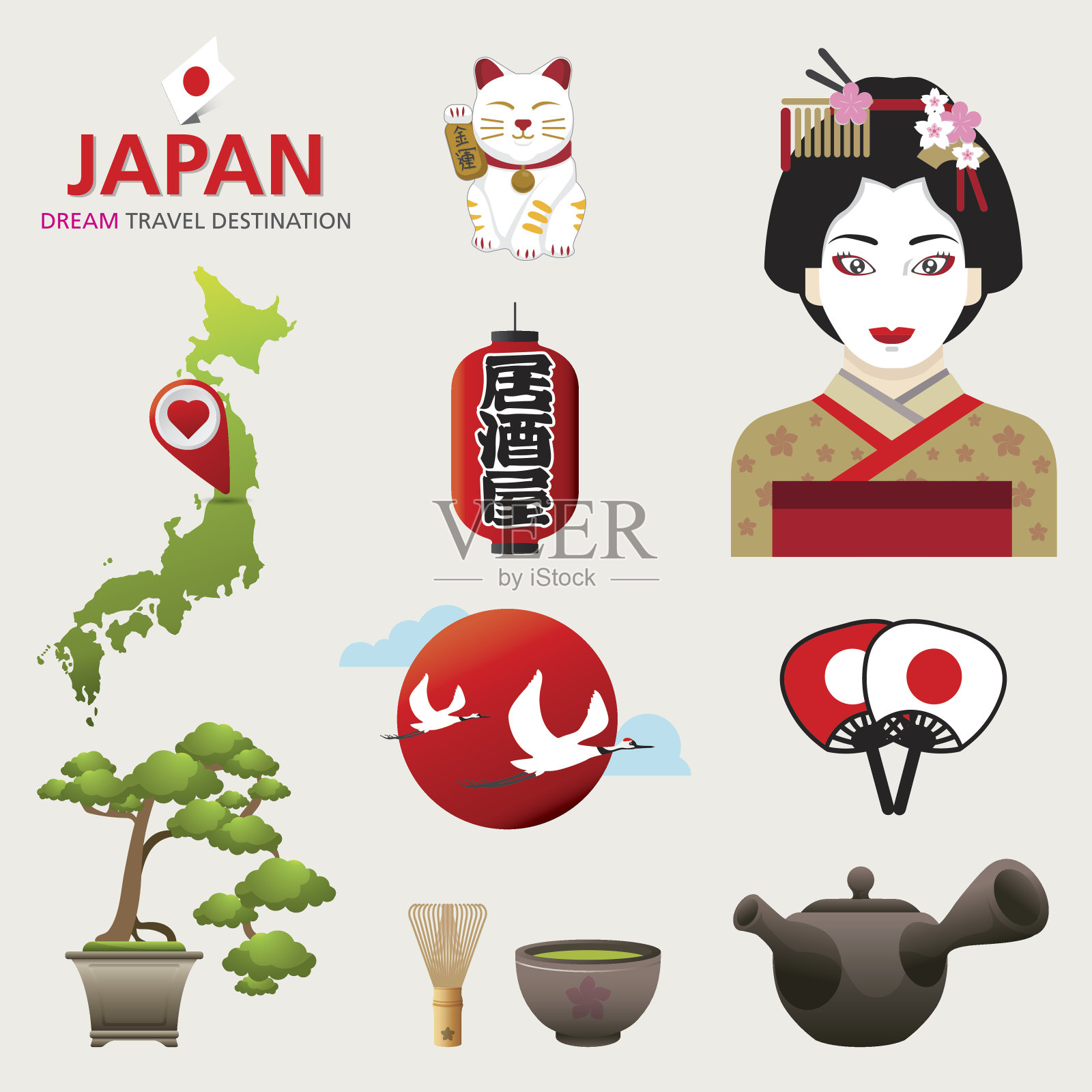 日本图标设计旅游目的地概念，日本图标插画图片素材