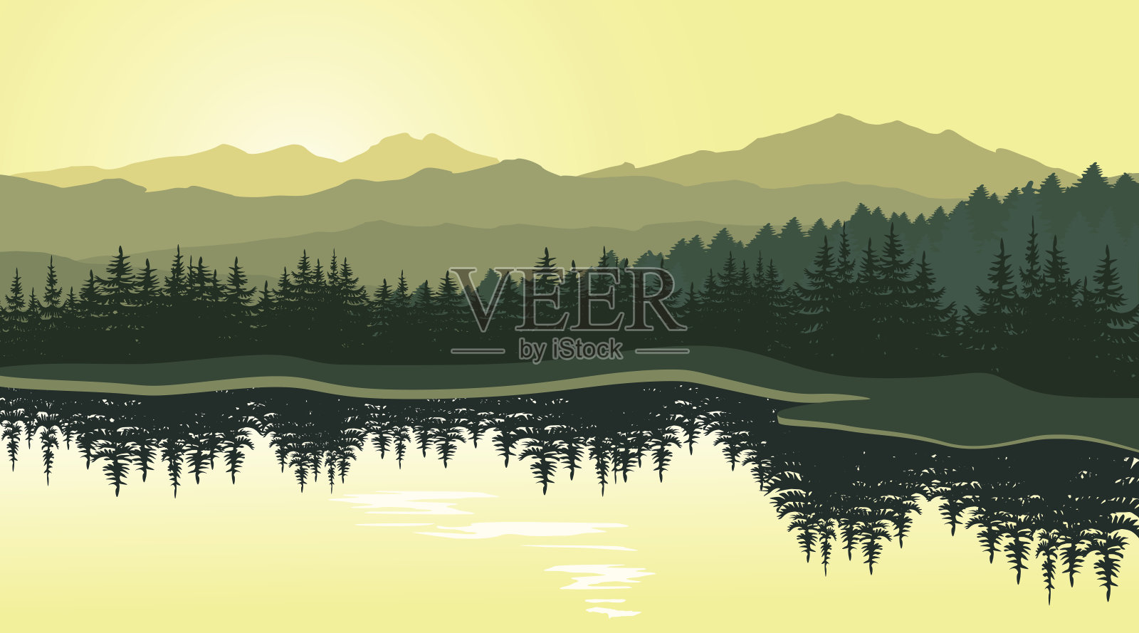 美丽的山景与倒影在湖中插画图片素材