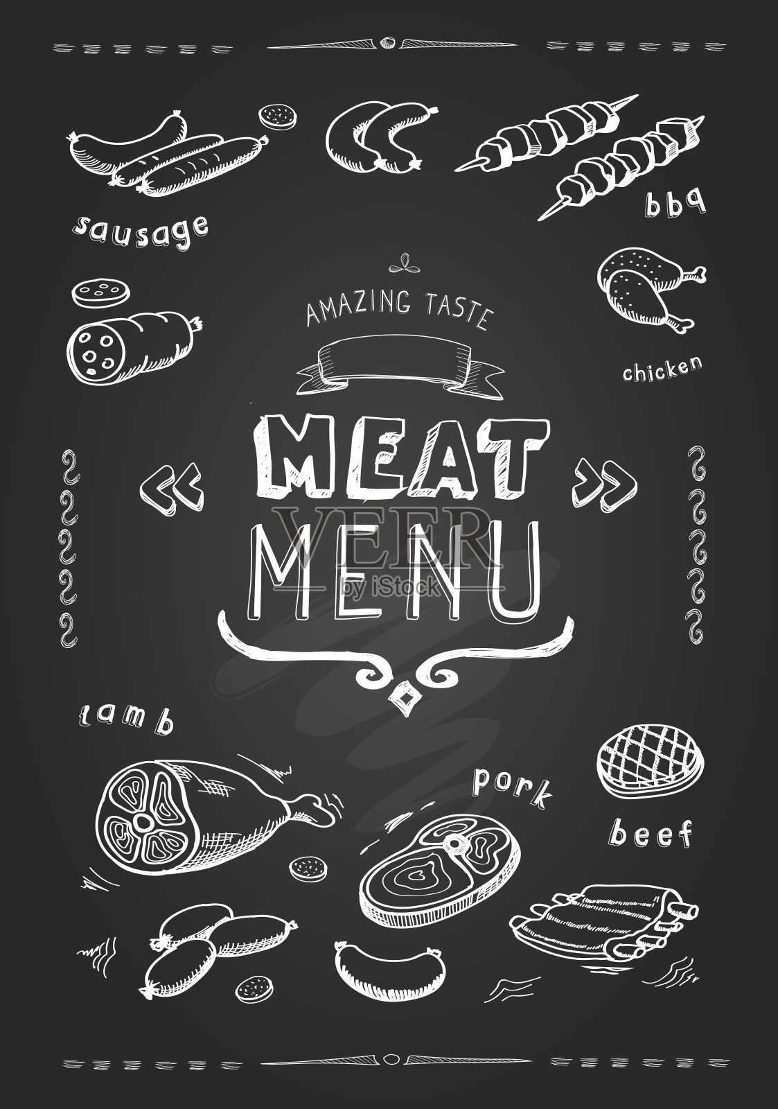肉类菜单。牛肉、猪肉、鸡肉、羊肉的符号。矢量图插画图片素材