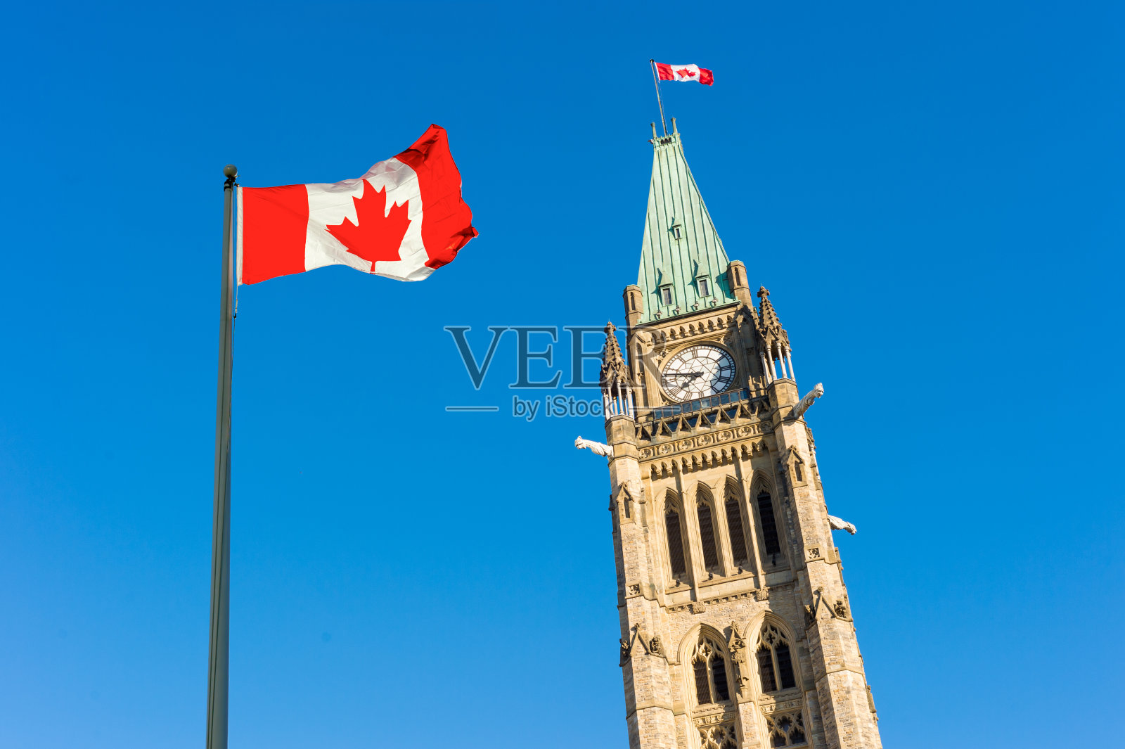 蓝天上的加拿大议会和加拿大国旗。照片摄影图片