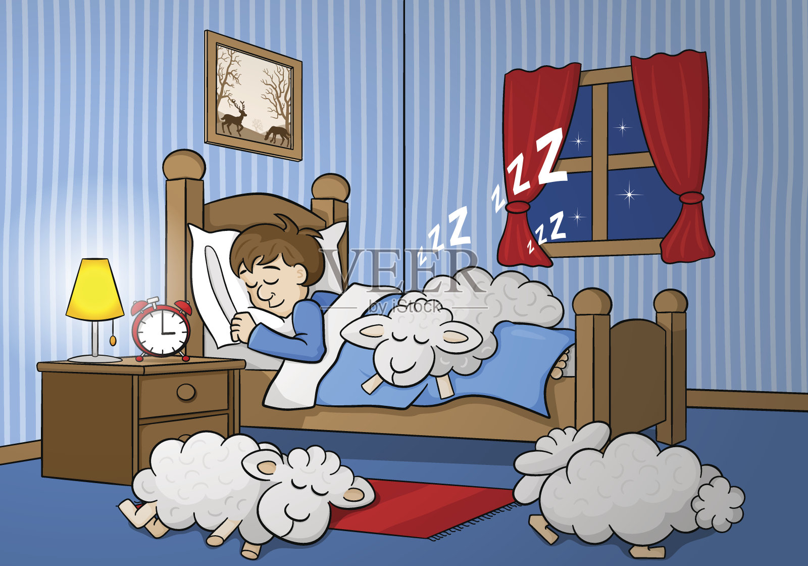 绵羊在一个正在睡觉的人的床上睡着了插画图片素材