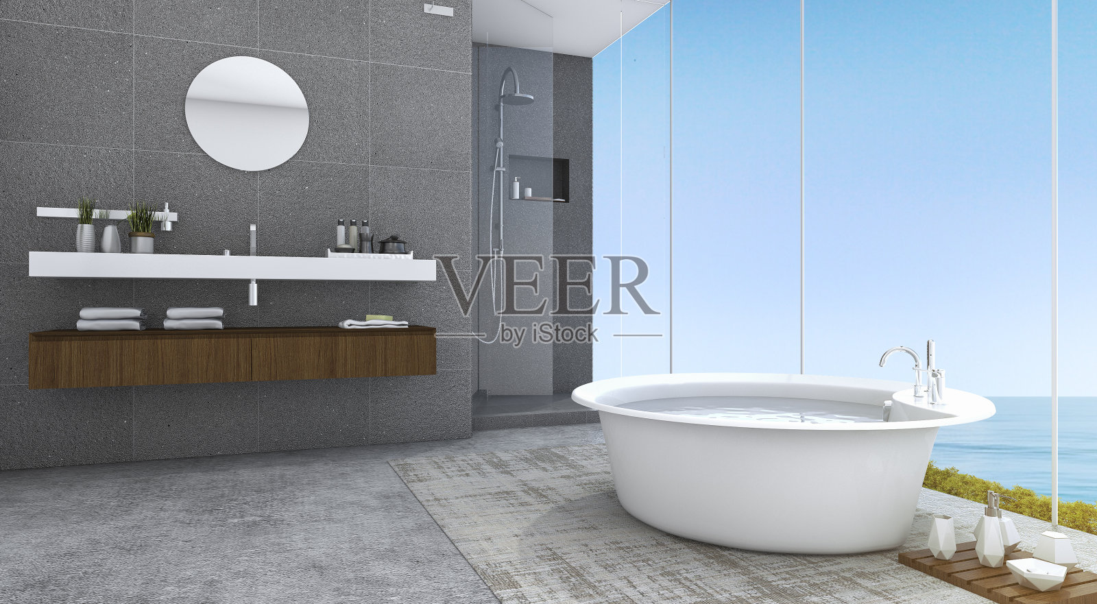 3d渲染阁楼风格的浴室与美丽的海景照片摄影图片