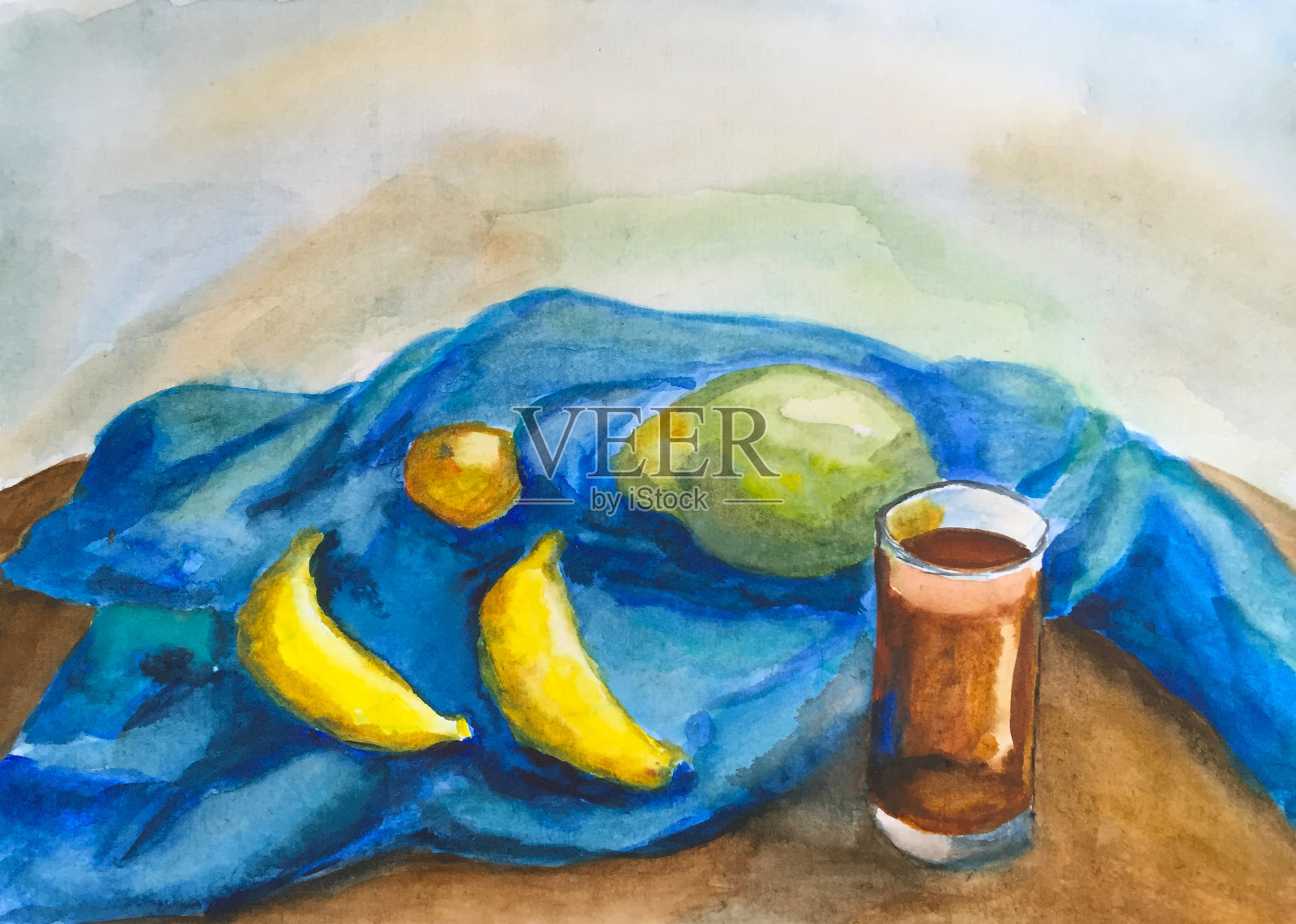 水彩画两根香蕉，芒果和玻璃，静物画插画图片素材