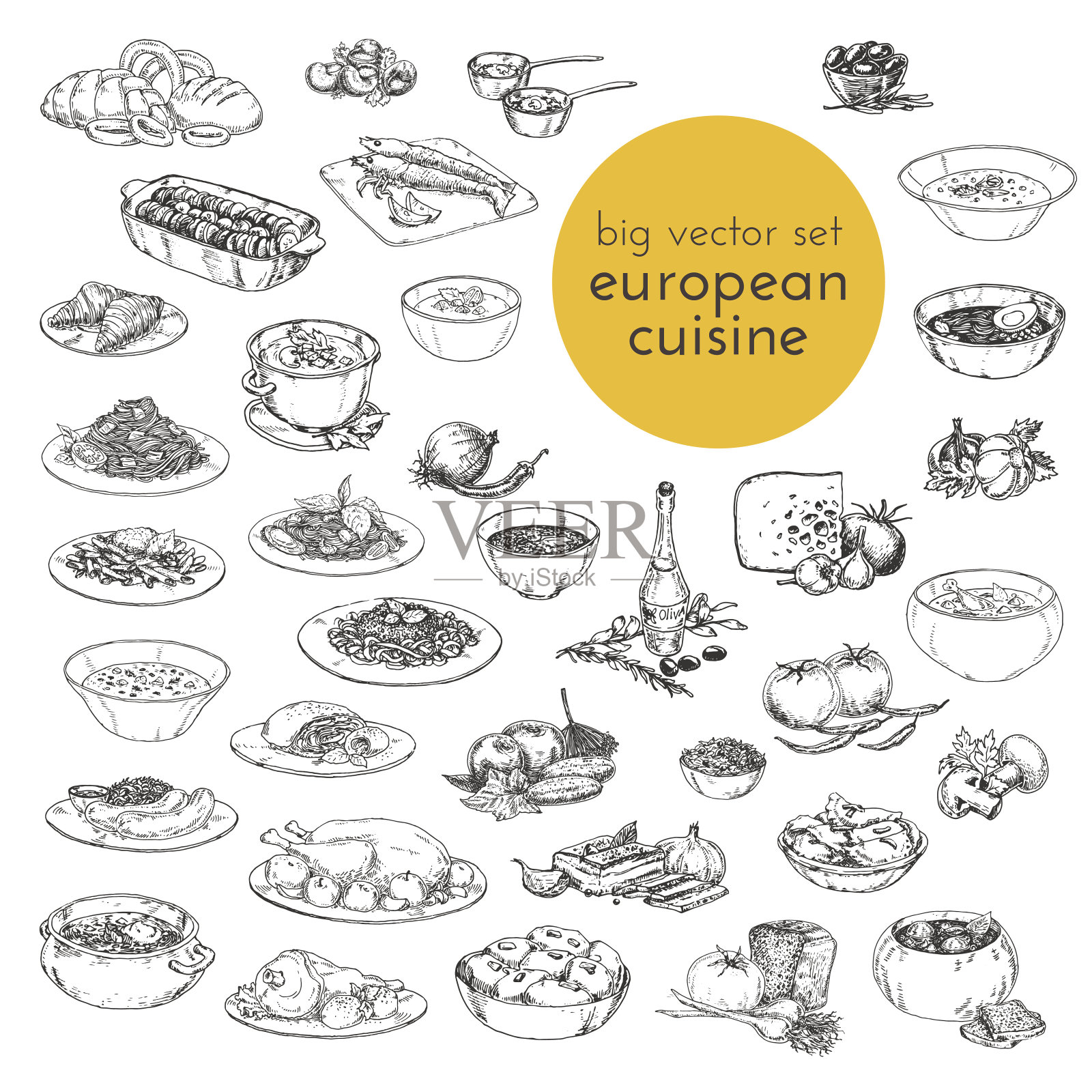 大型矢量集手绘插图的食物。欧洲菜。插画图片素材