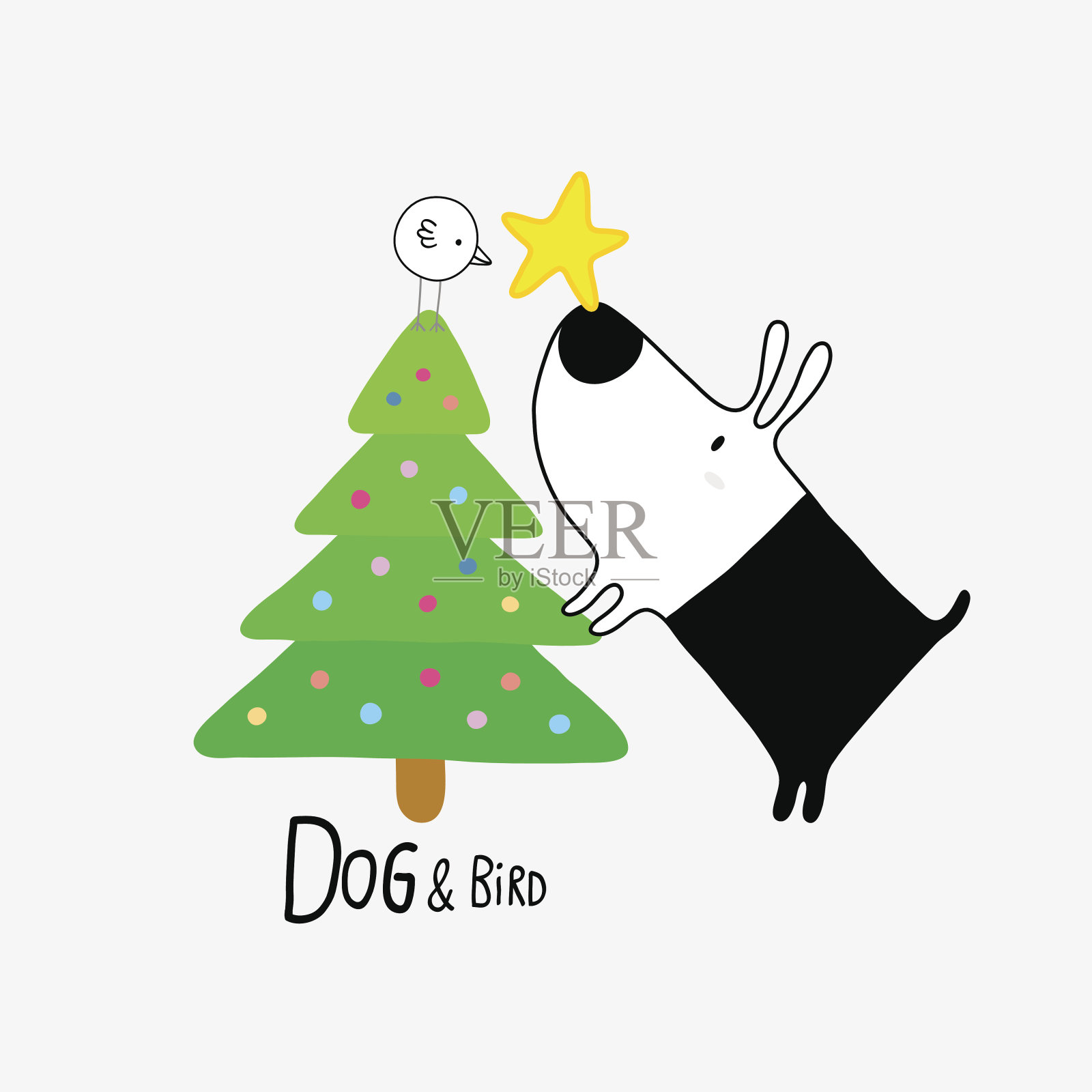 狗和鸟和圣诞树插画图片素材