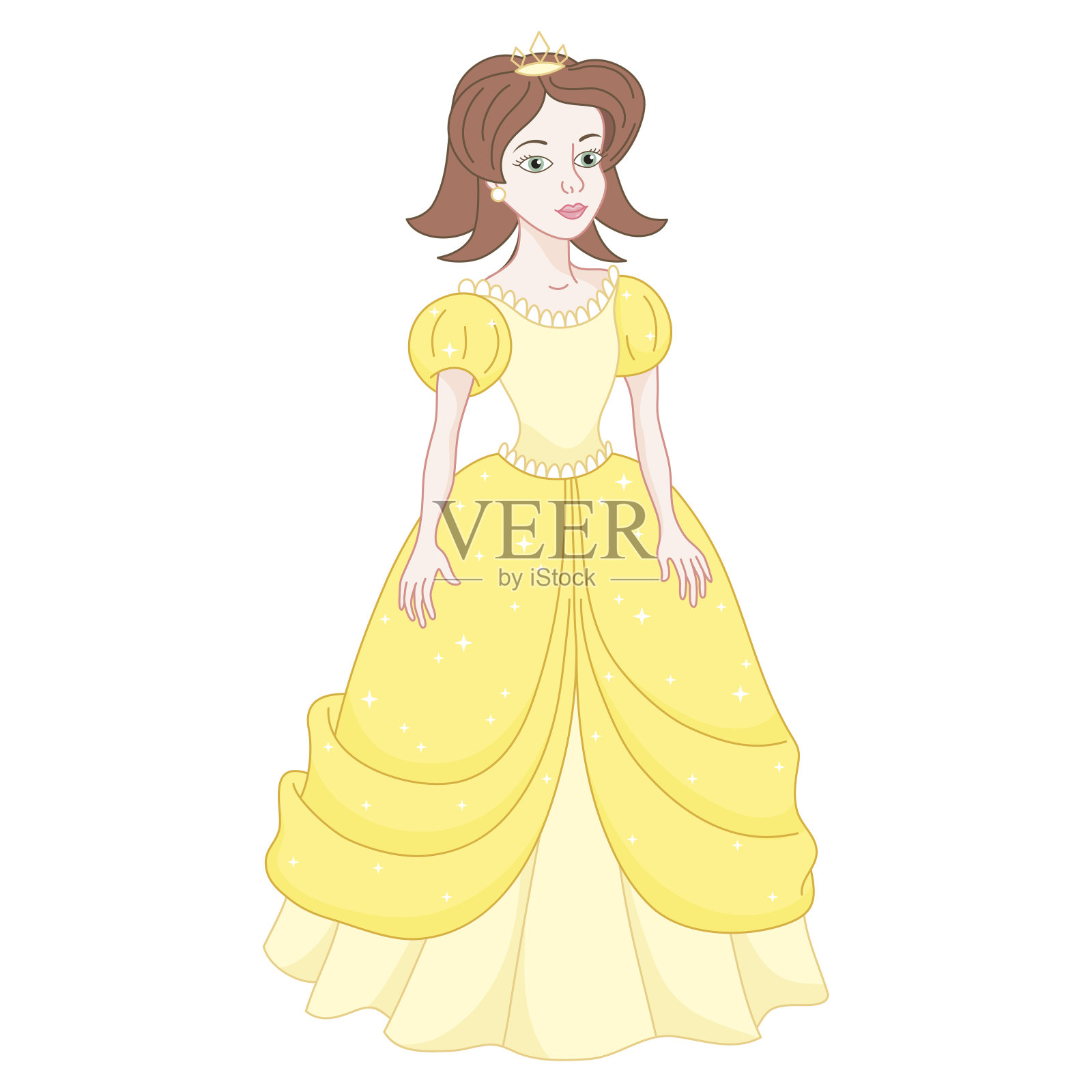 美丽的黑发公主，顽皮的公主穿着黄色的裙子设计元素图片