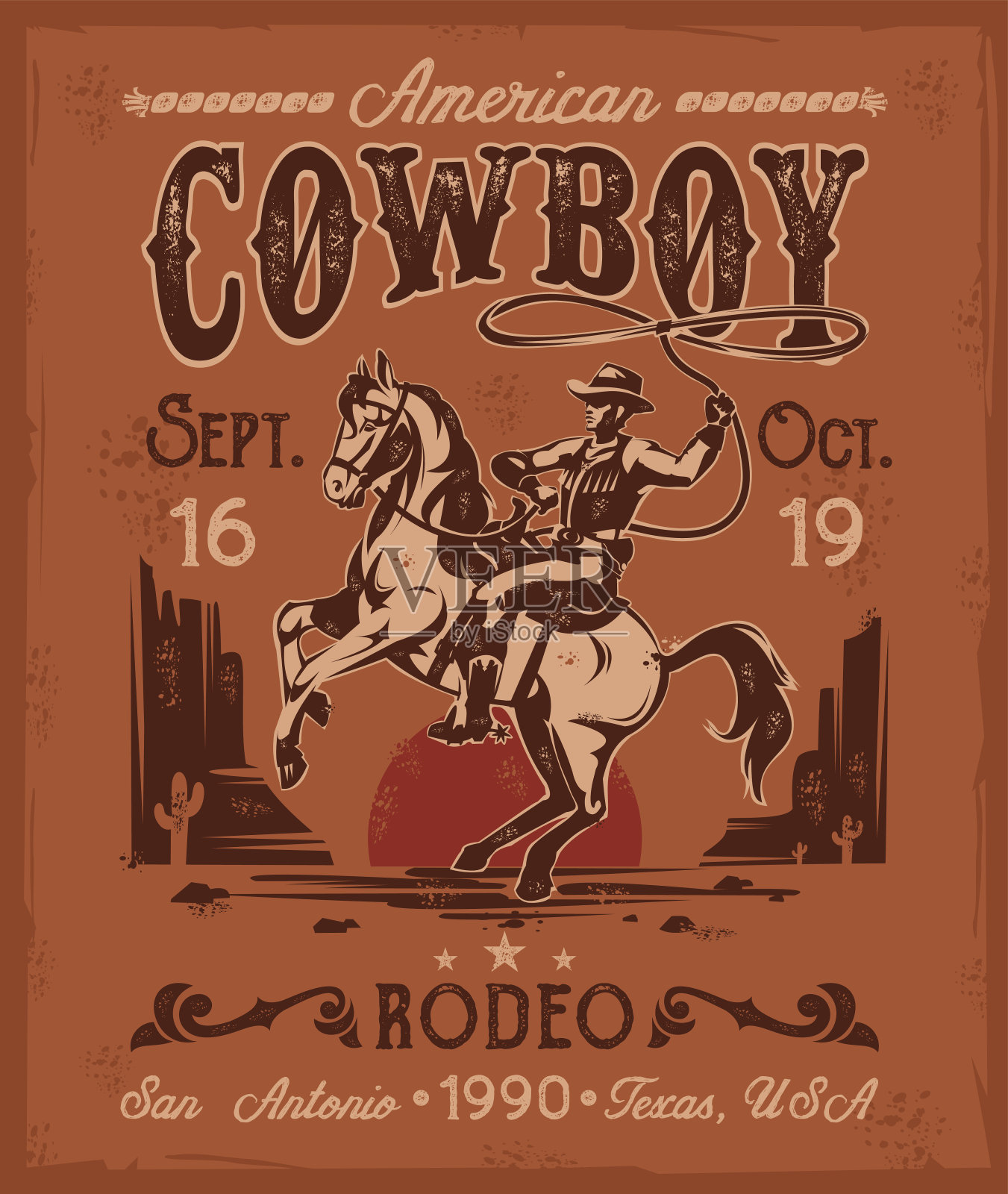 牛仔表演海报上有一个牛仔骑在马背上插画图片素材
