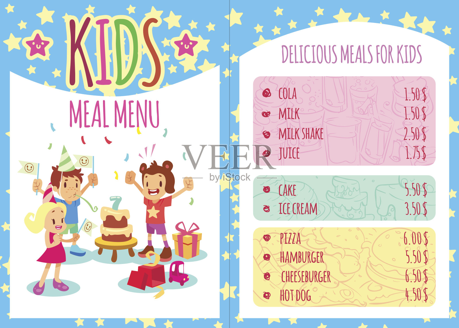 儿童套餐菜单。向量模板手册设计模板素材