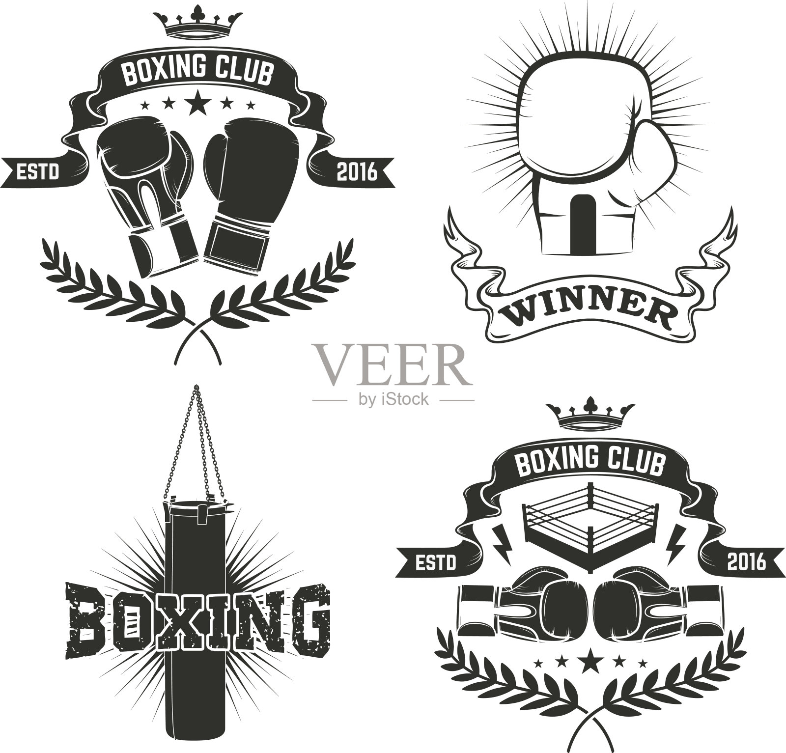 一套拳击俱乐部的标签和徽章。矢量插图。设计元素图片