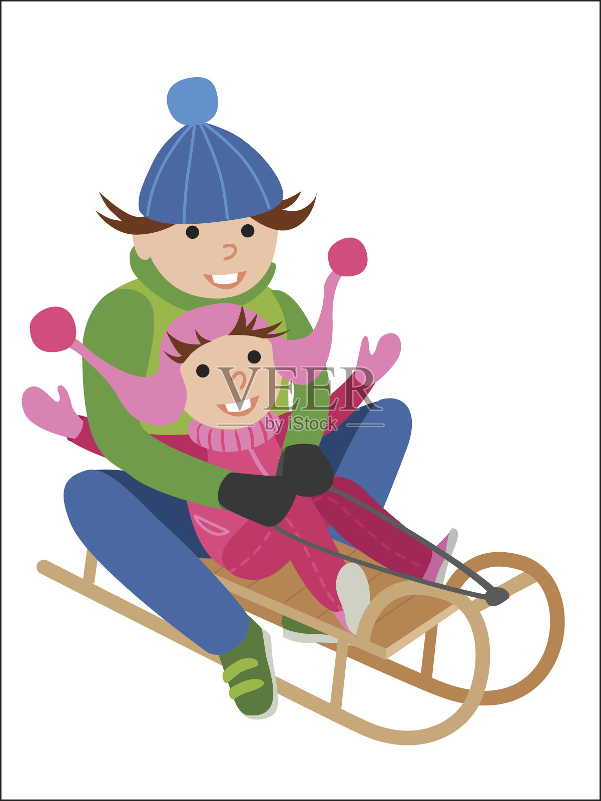 父亲和儿子在雪橇上的冬季运动插图插画图片素材
