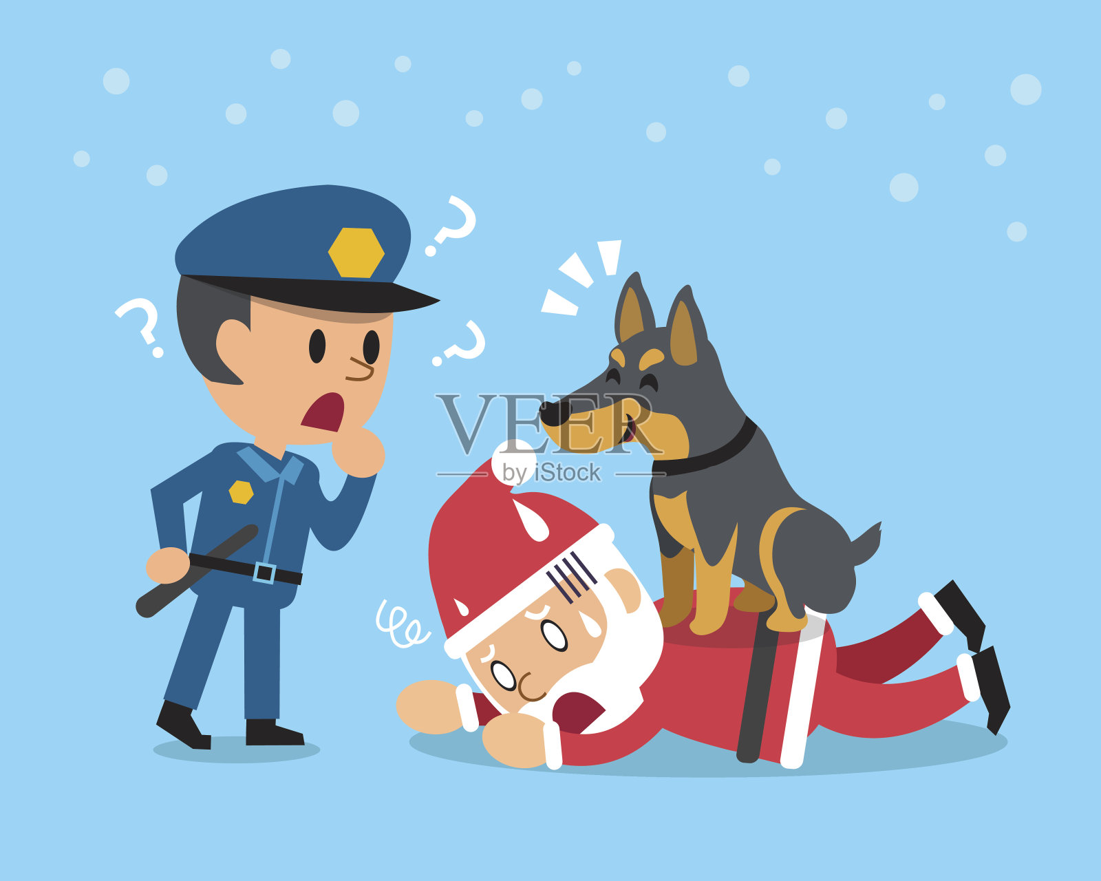 卡通杜宾犬帮助警察抓住圣诞老人插画图片素材