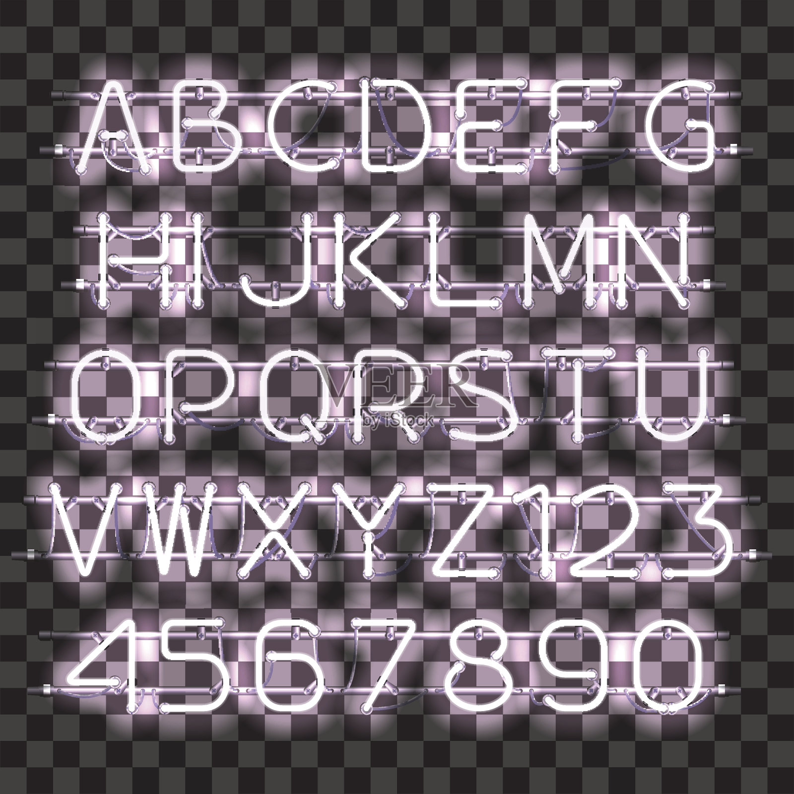 发光的白色氖气字母和数字。设计元素图片