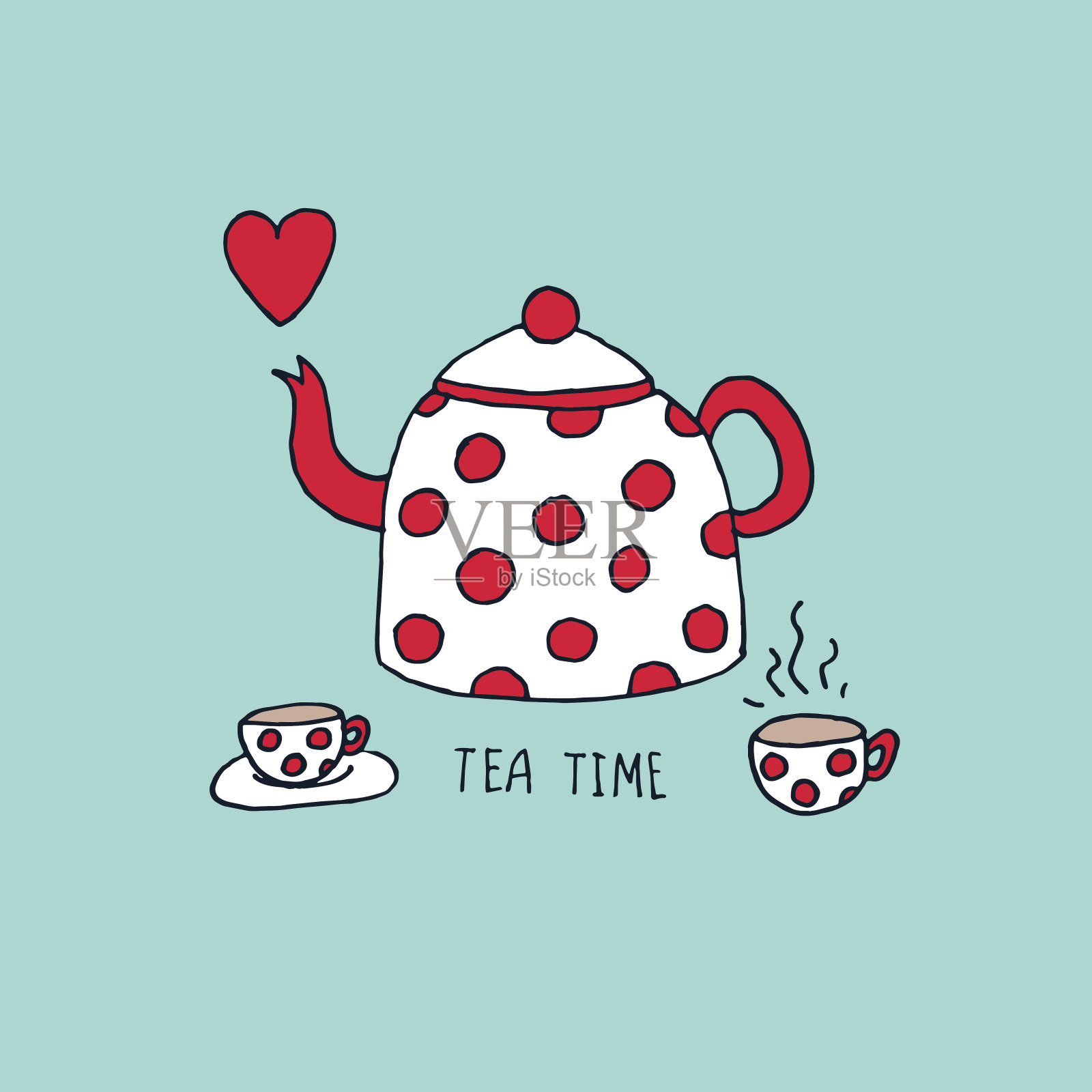 茶时间插图用圆点茶壶，杯，心设计元素图片