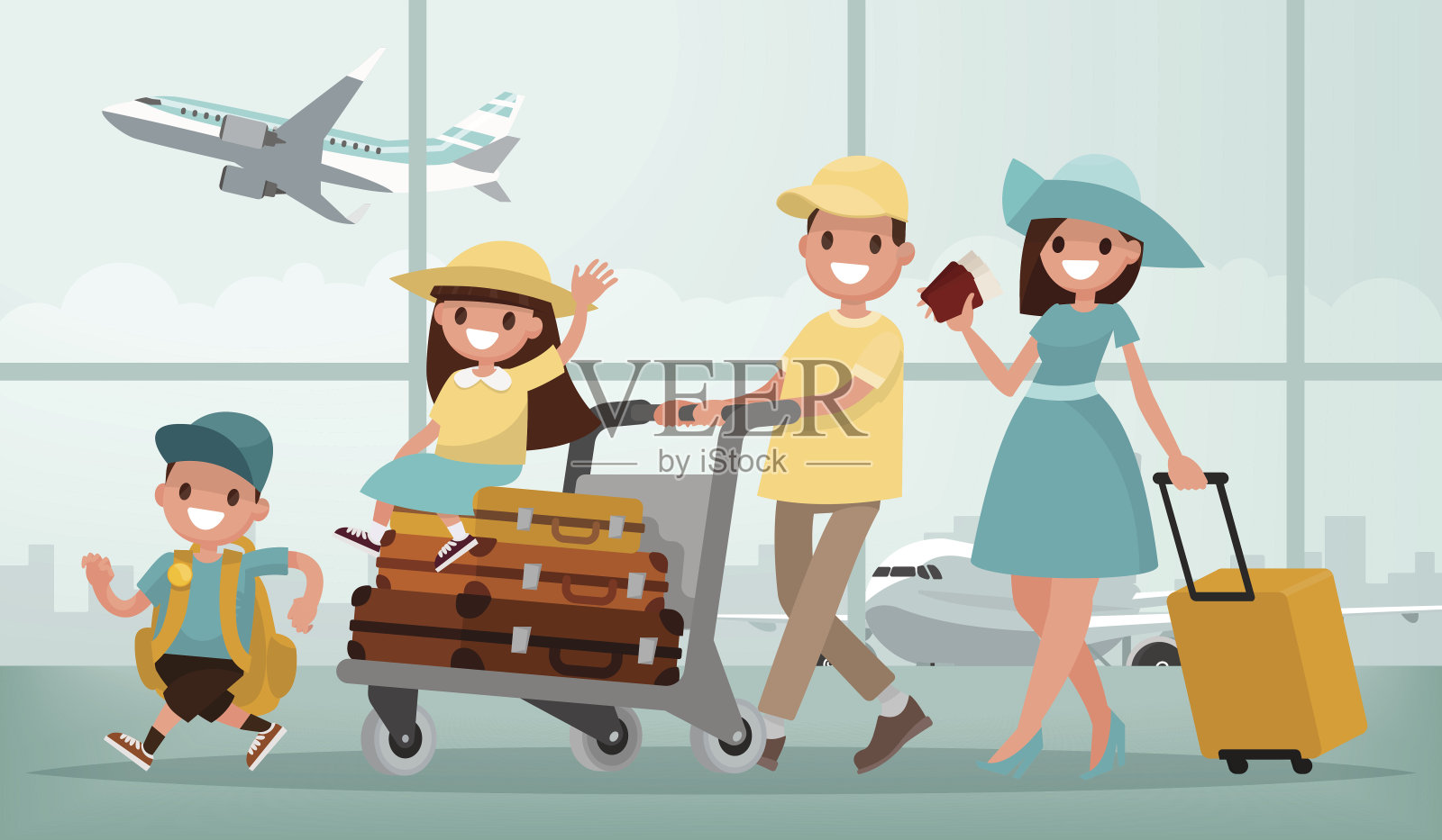 家庭旅行。父亲母亲，儿子和女儿在机场。插画图片素材
