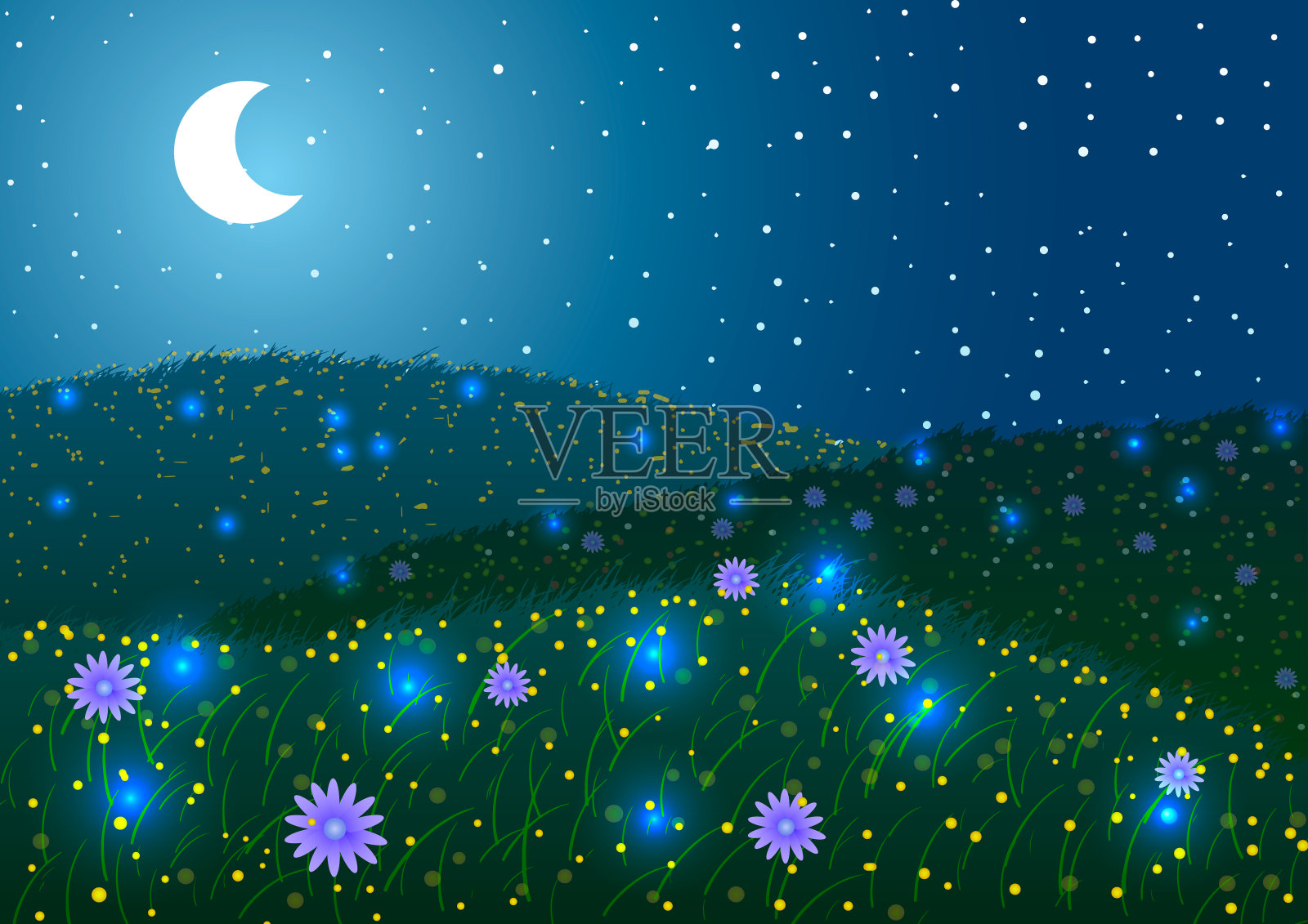 绿色的草地和夜里的萤火虫。插画图片素材