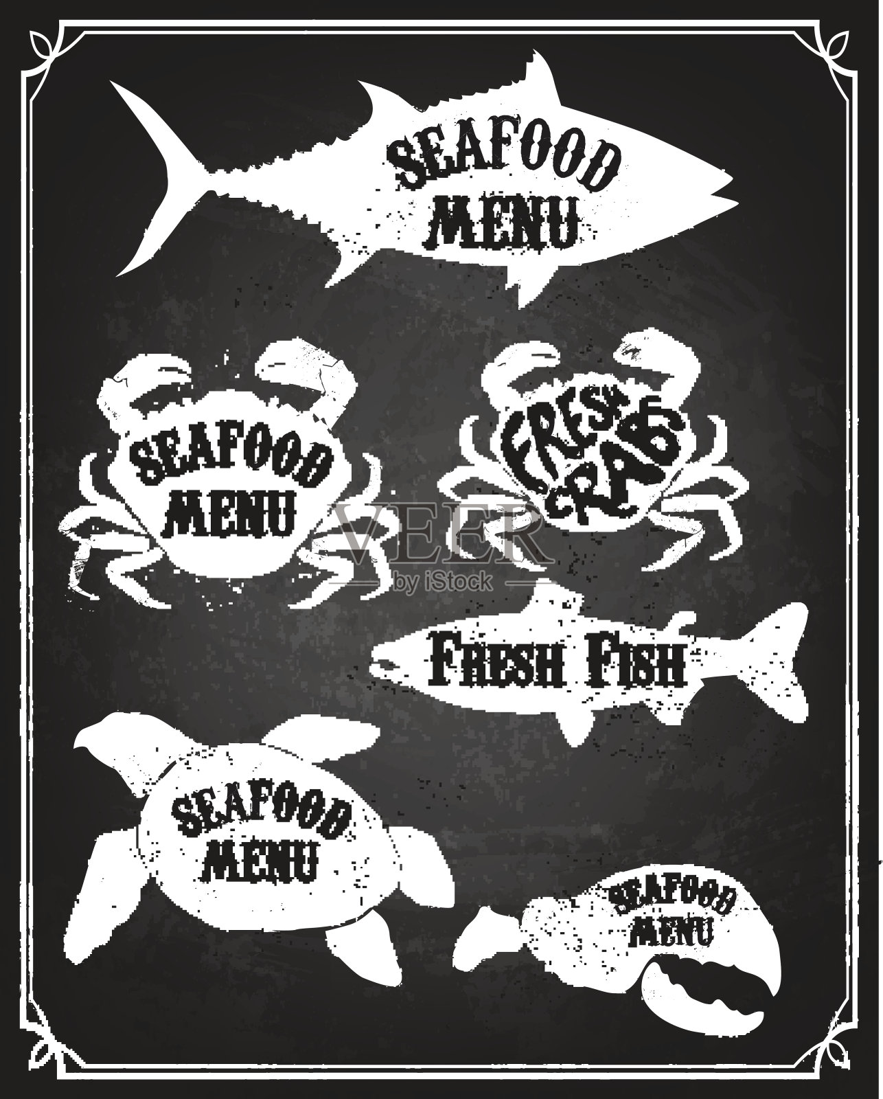 鱼和海洋动物的剪影在垃圾背景。插画图片素材