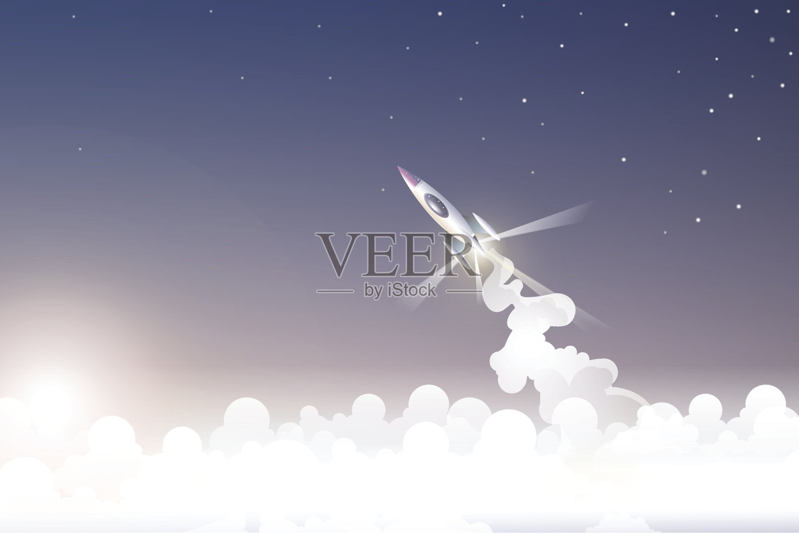 日出时飞船穿过云层飞向太空插画图片素材