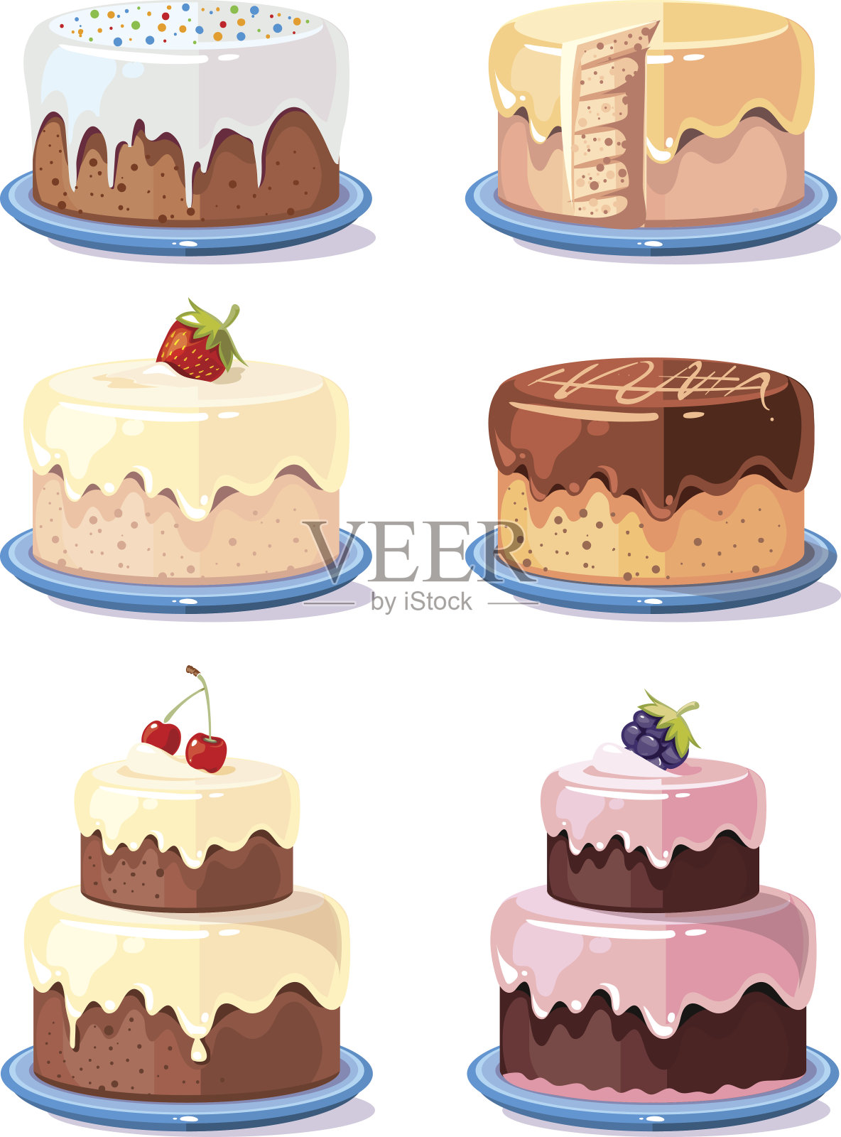 奶油蛋糕美味蛋糕矢量设置在卡通风格设计元素图片