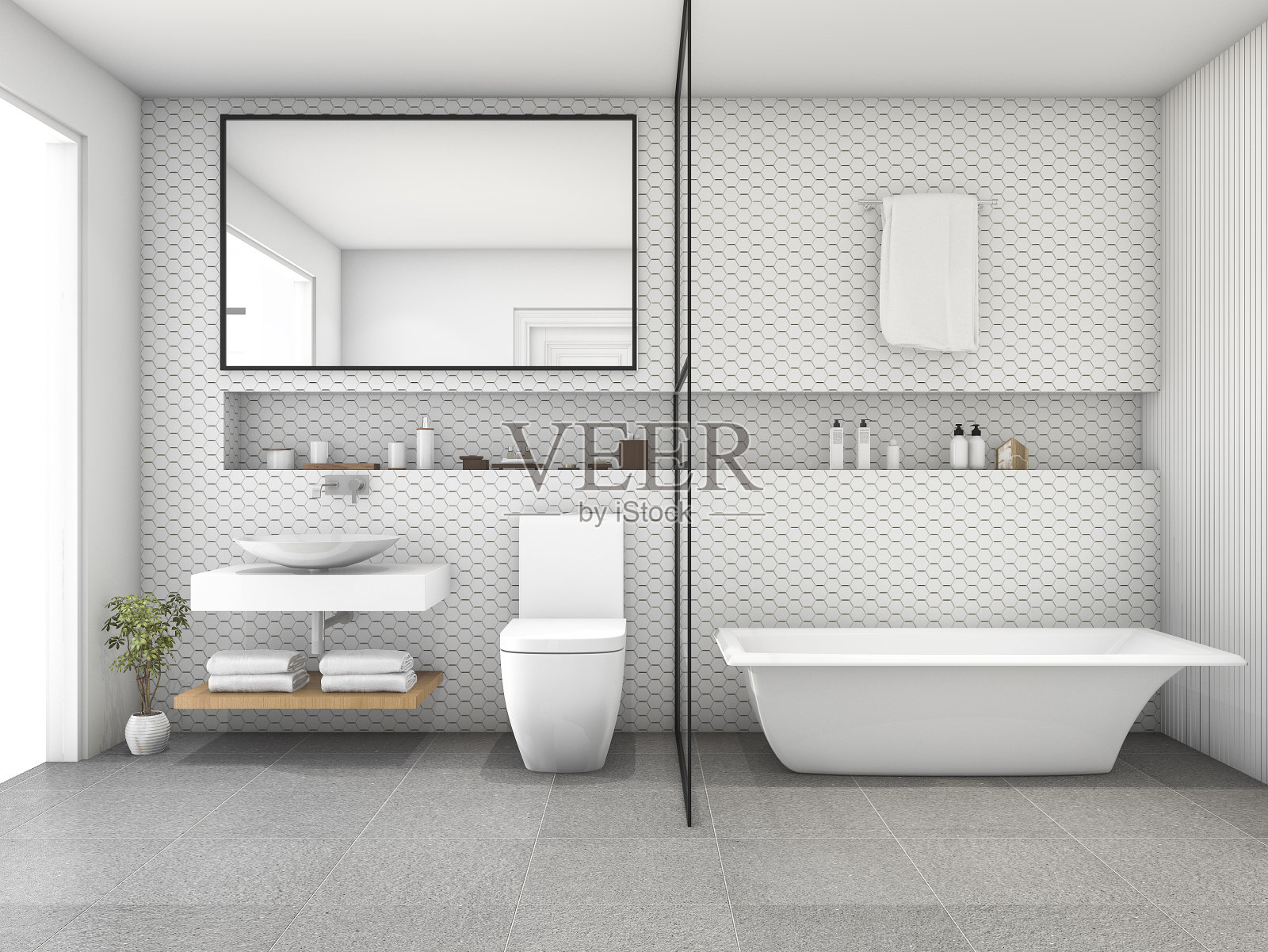 3d渲染白色六角形瓷砖现代浴室照片摄影图片