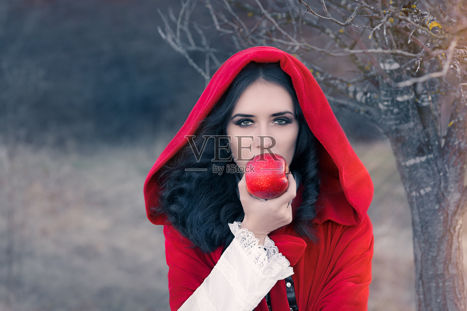 红头巾的女人拿着苹果童话肖像照片摄影图片