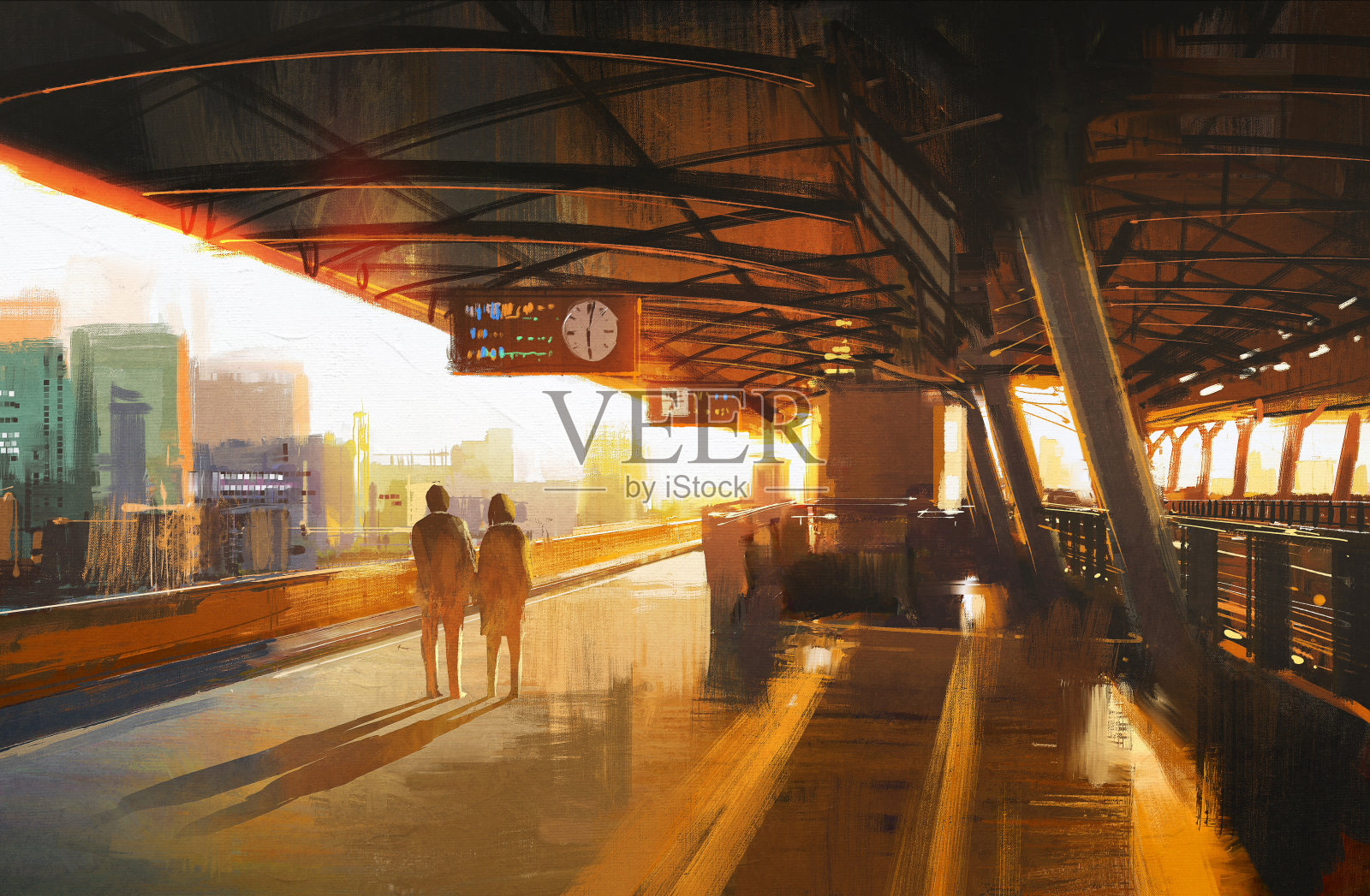 一对夫妇在车站等火车插画图片素材
