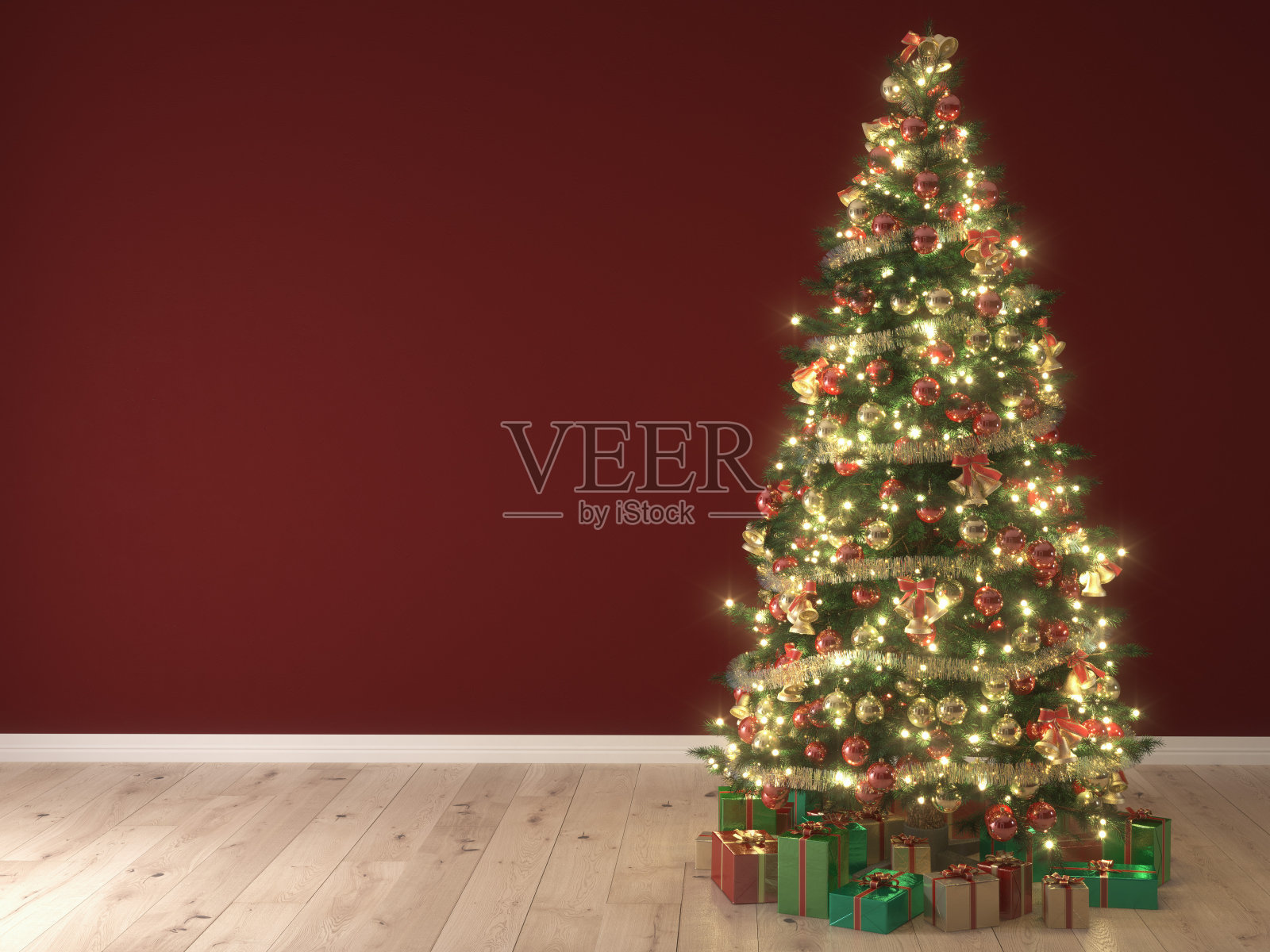 红色背景上的圣诞树。三维渲染照片摄影图片