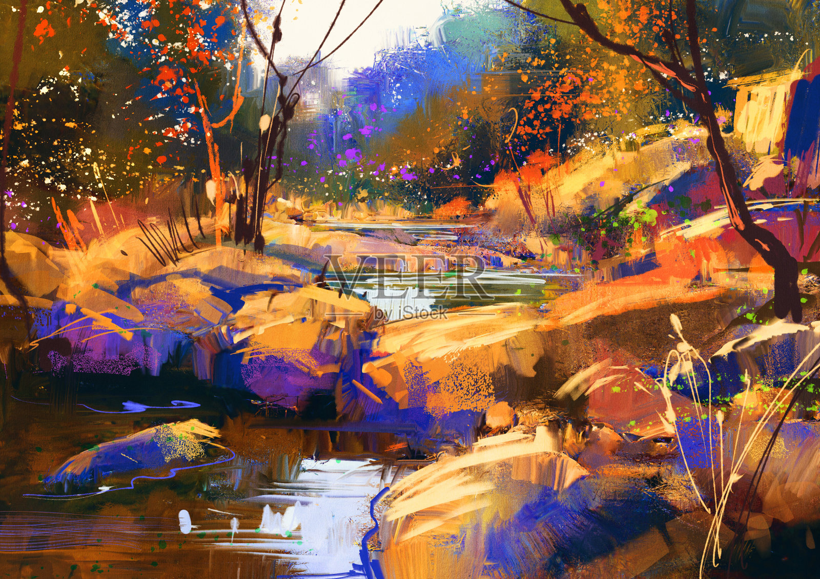 美丽的秋天河流与五颜六色的石头在秋天的森林插画图片素材