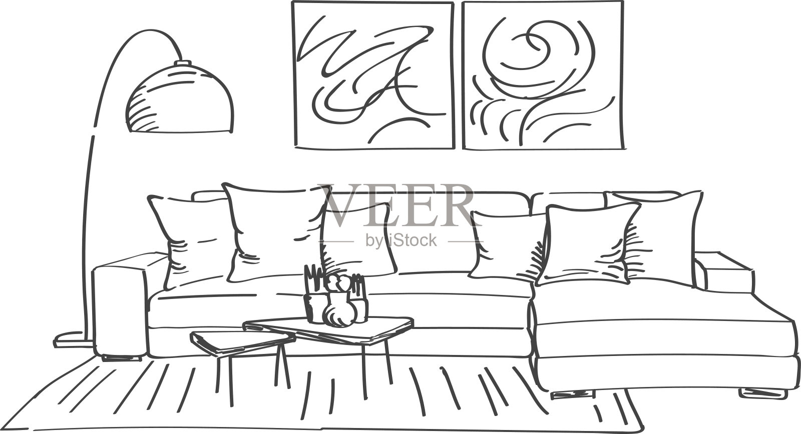 现代客厅室内手绘效果图插画图片素材