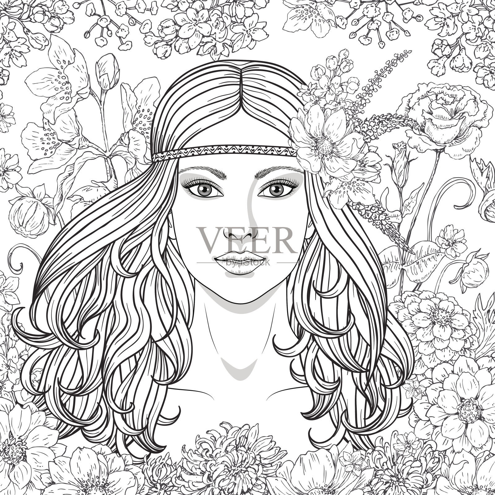 女孩与花朵轮廓的形象。插画图片素材