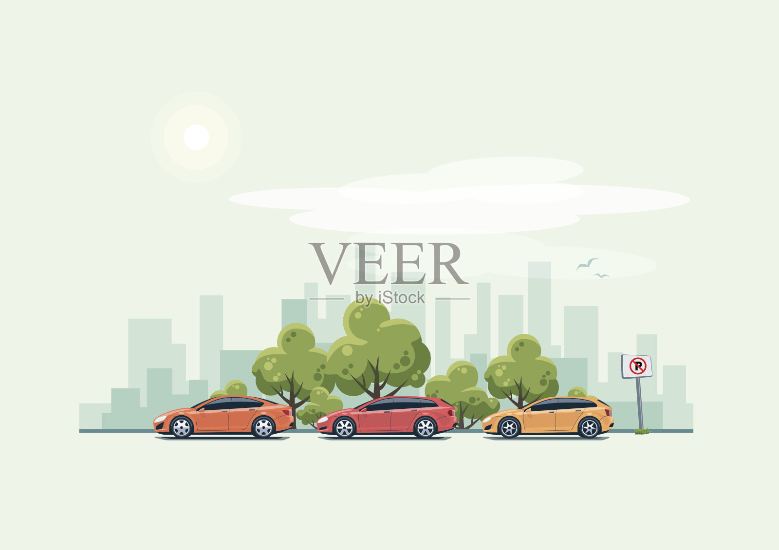停车和城市背景与绿树插画图片素材