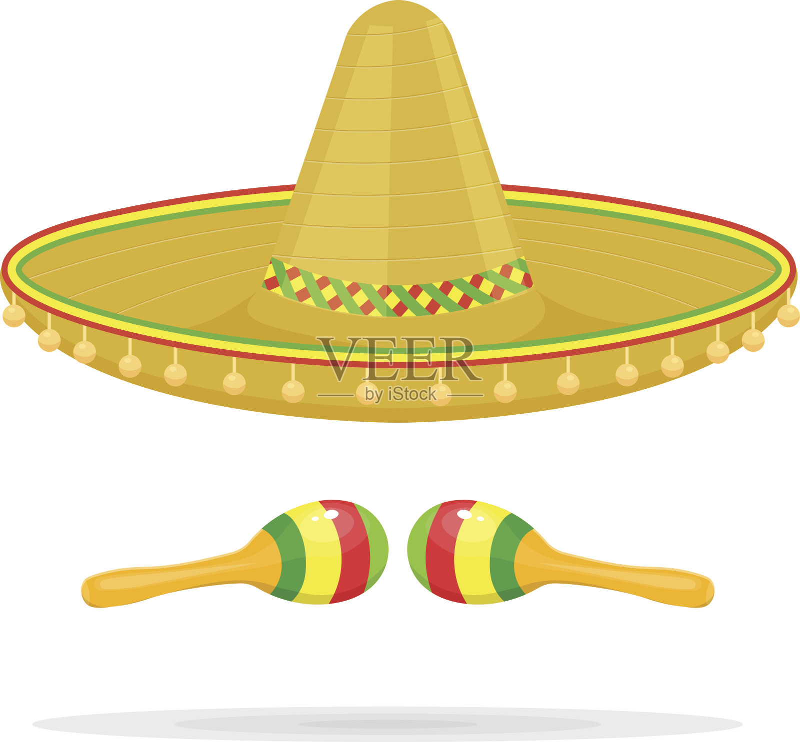 白色背景上的墨西哥宽边帽。拉丁美洲的象征。传统的帽子的迹象。插画图片素材_ID:377766351-Veer图库