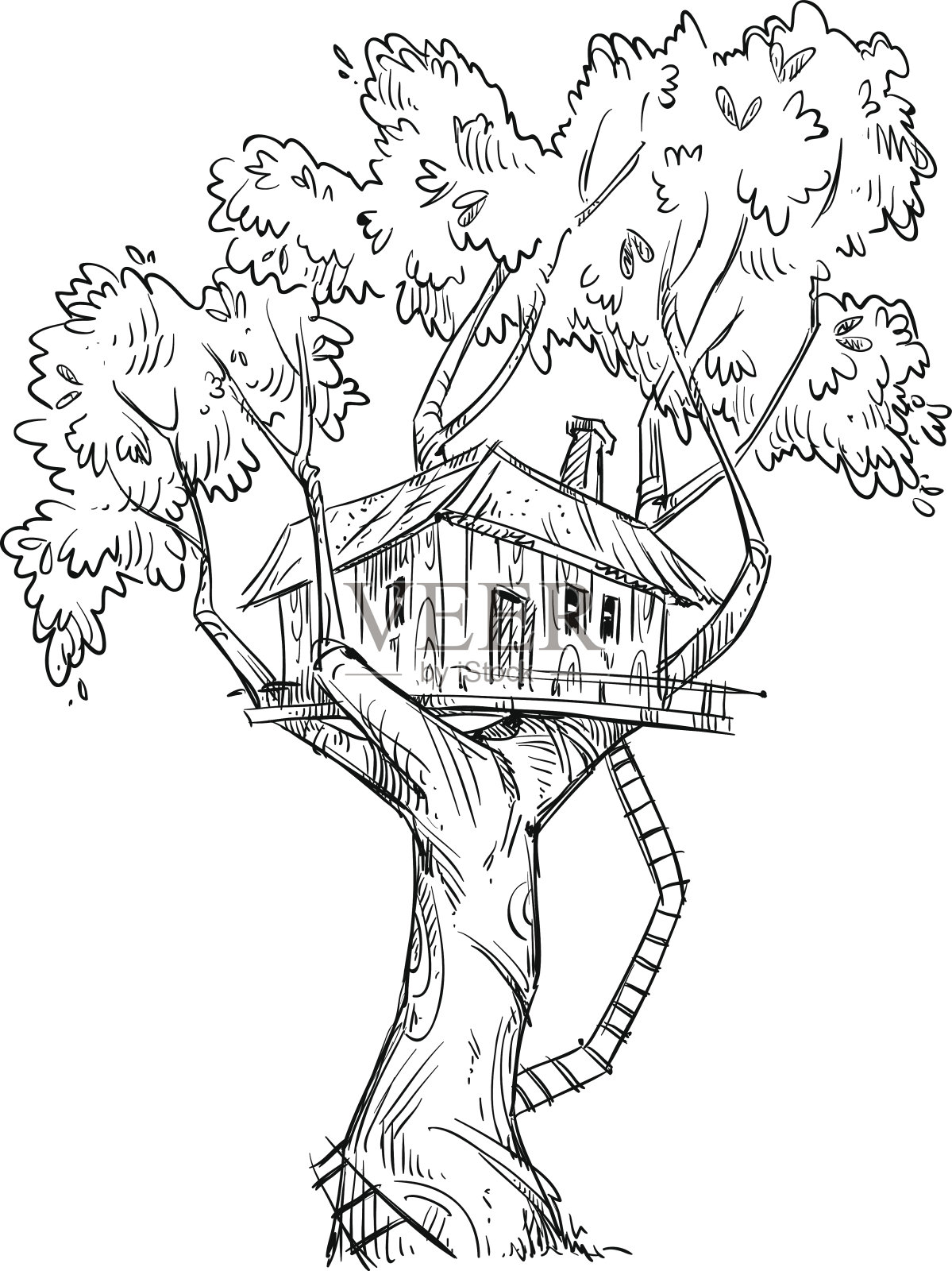 树屋。手绘，矢量插图插画图片素材