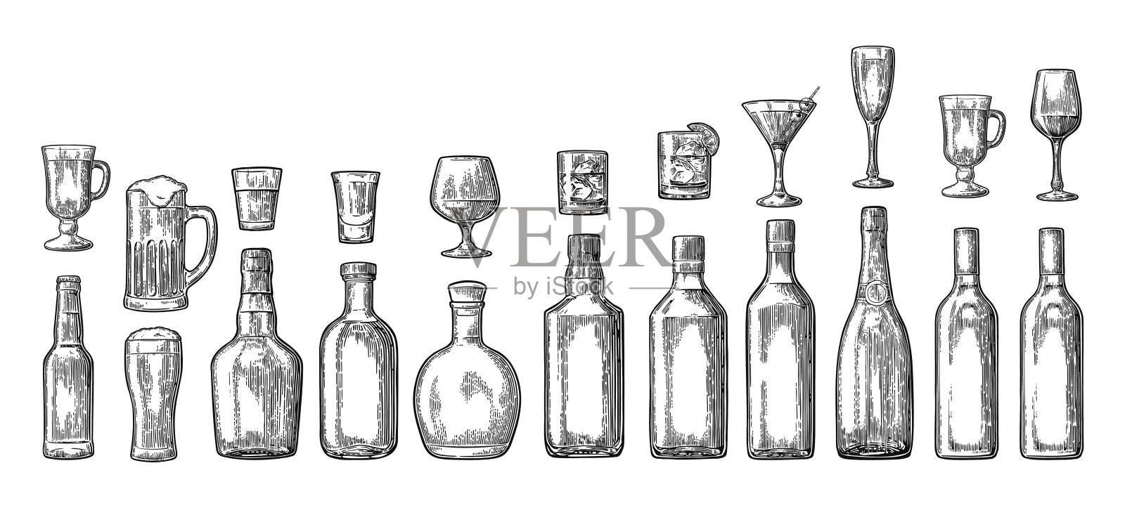 设置玻璃和瓶装啤酒，威士忌，葡萄酒，杜松子酒，朗姆酒，龙舌兰酒，香槟，鸡尾酒插画图片素材