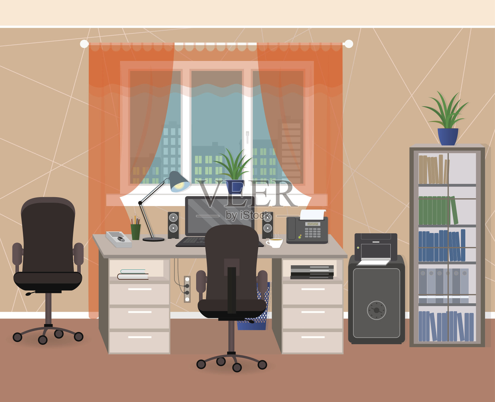 办公室内部工作空间与家具和文具。家庭环境中的工作场所组织。插画图片素材