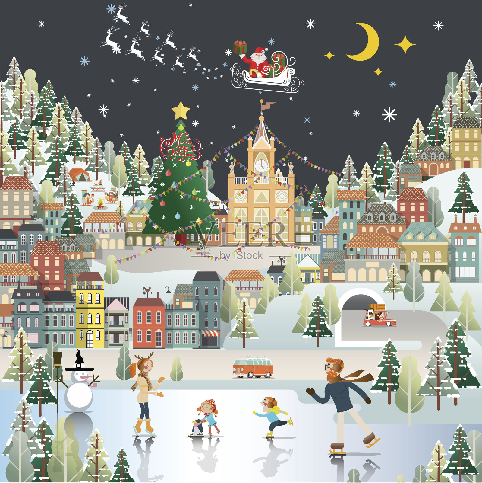 雪村山水夜景壁纸，圣诞老人是com插画图片素材