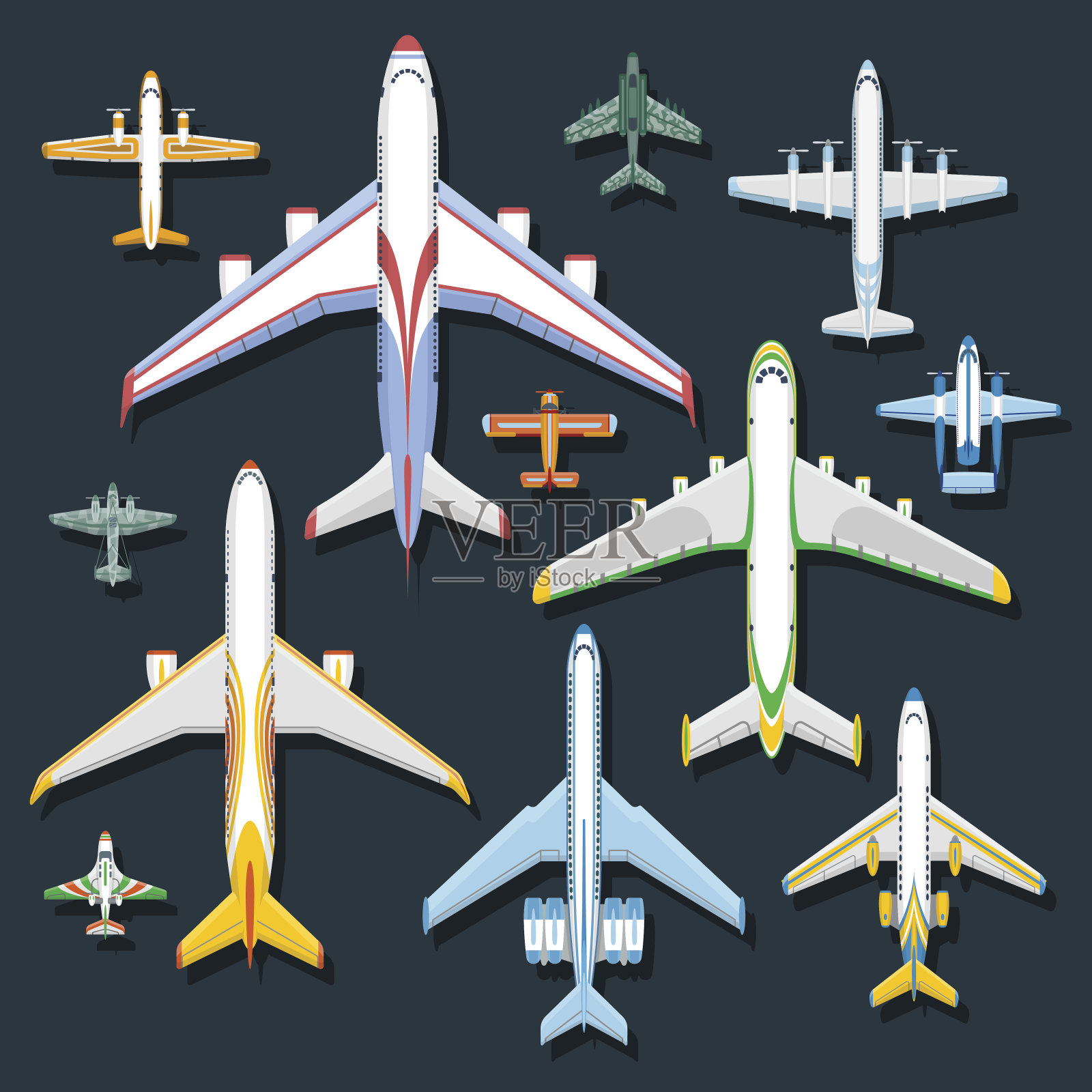 飞机俯视图矢量插图。设计元素图片