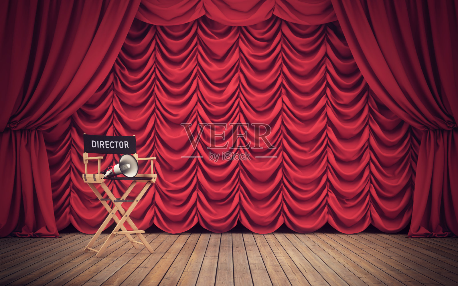 舞台上导演的椅子，有红色的窗帘。三维渲染照片摄影图片