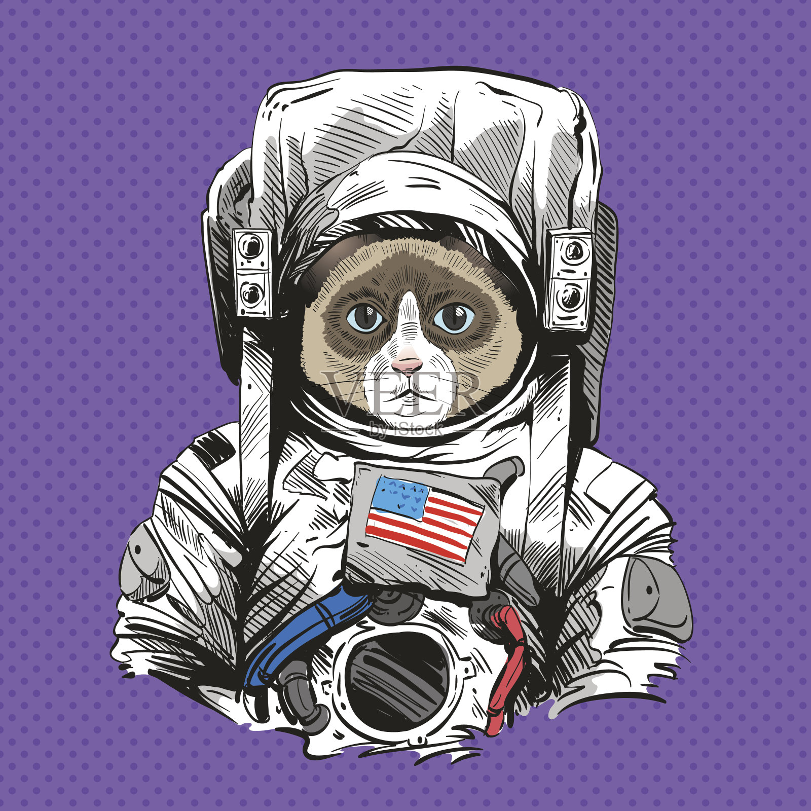 穿着太空服的雪鞋猫。手绘矢量图设计元素图片