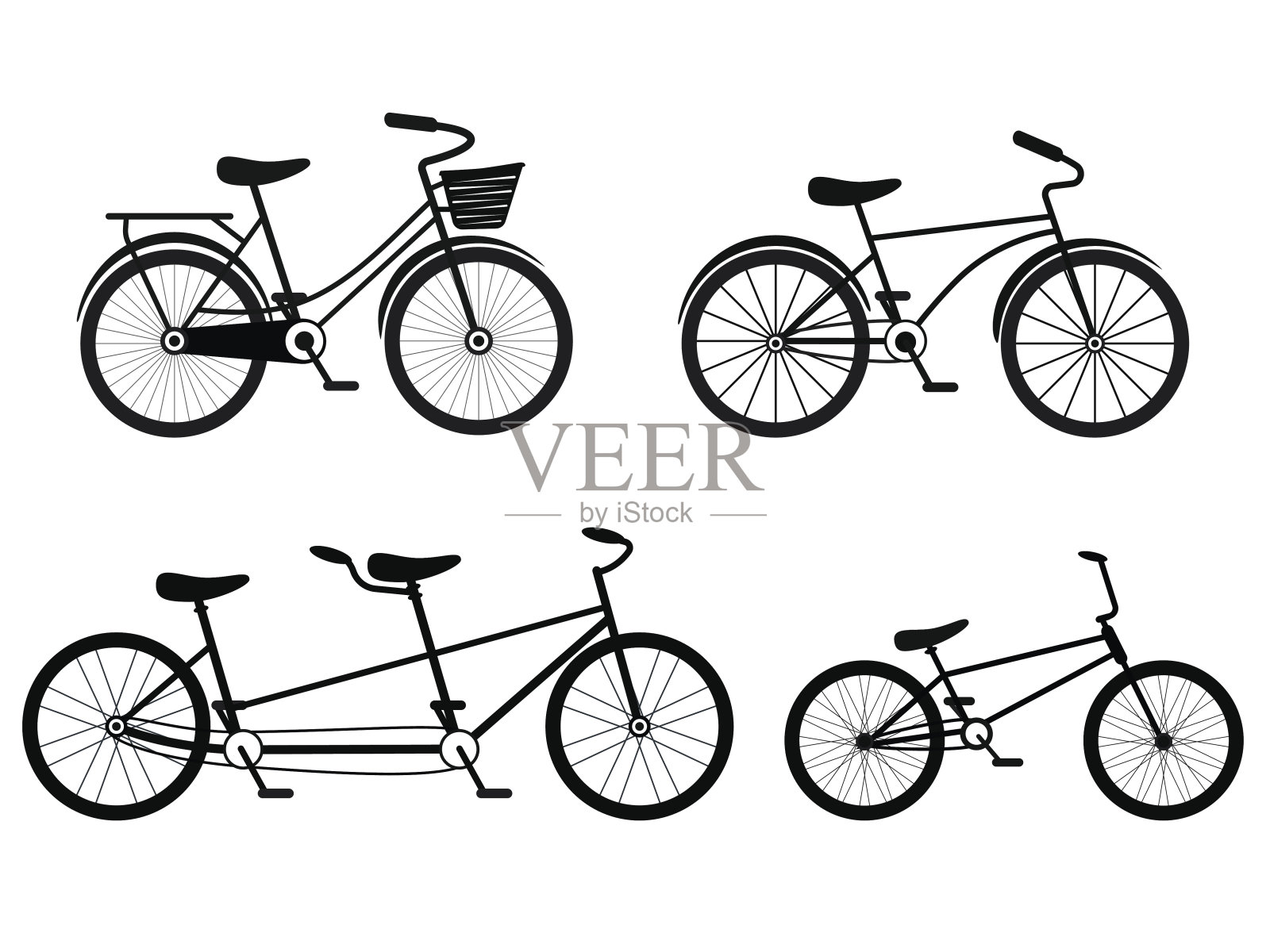 不同风格的自行车剪影集。向量设计元素图片