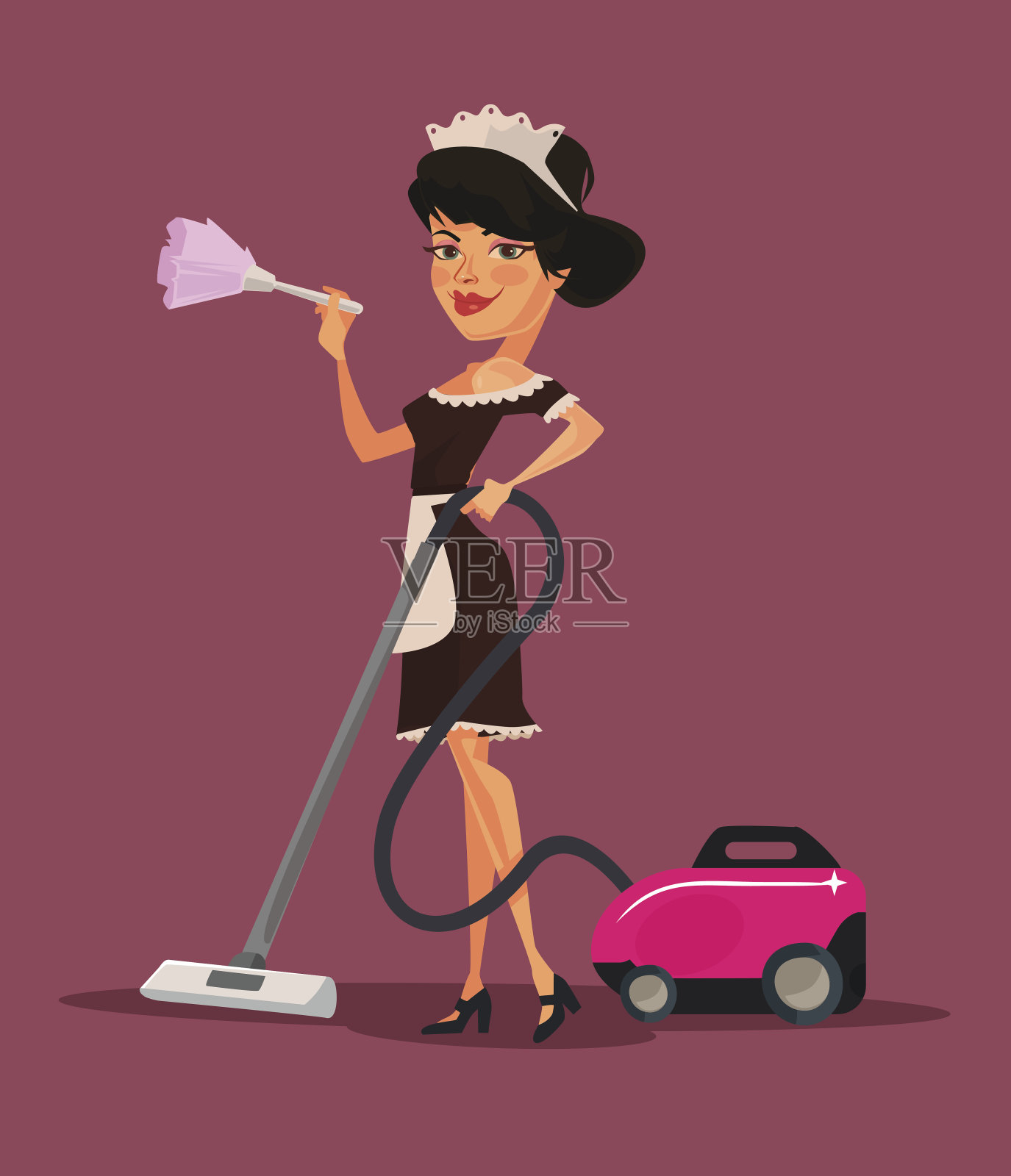 女保洁员角色在吸尘。矢量平面卡通插图插画图片素材