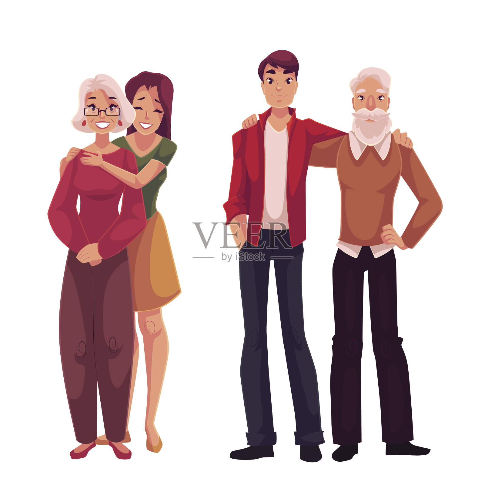 孙辈拥抱他们的祖父母，卡通矢量插图插画图片素材