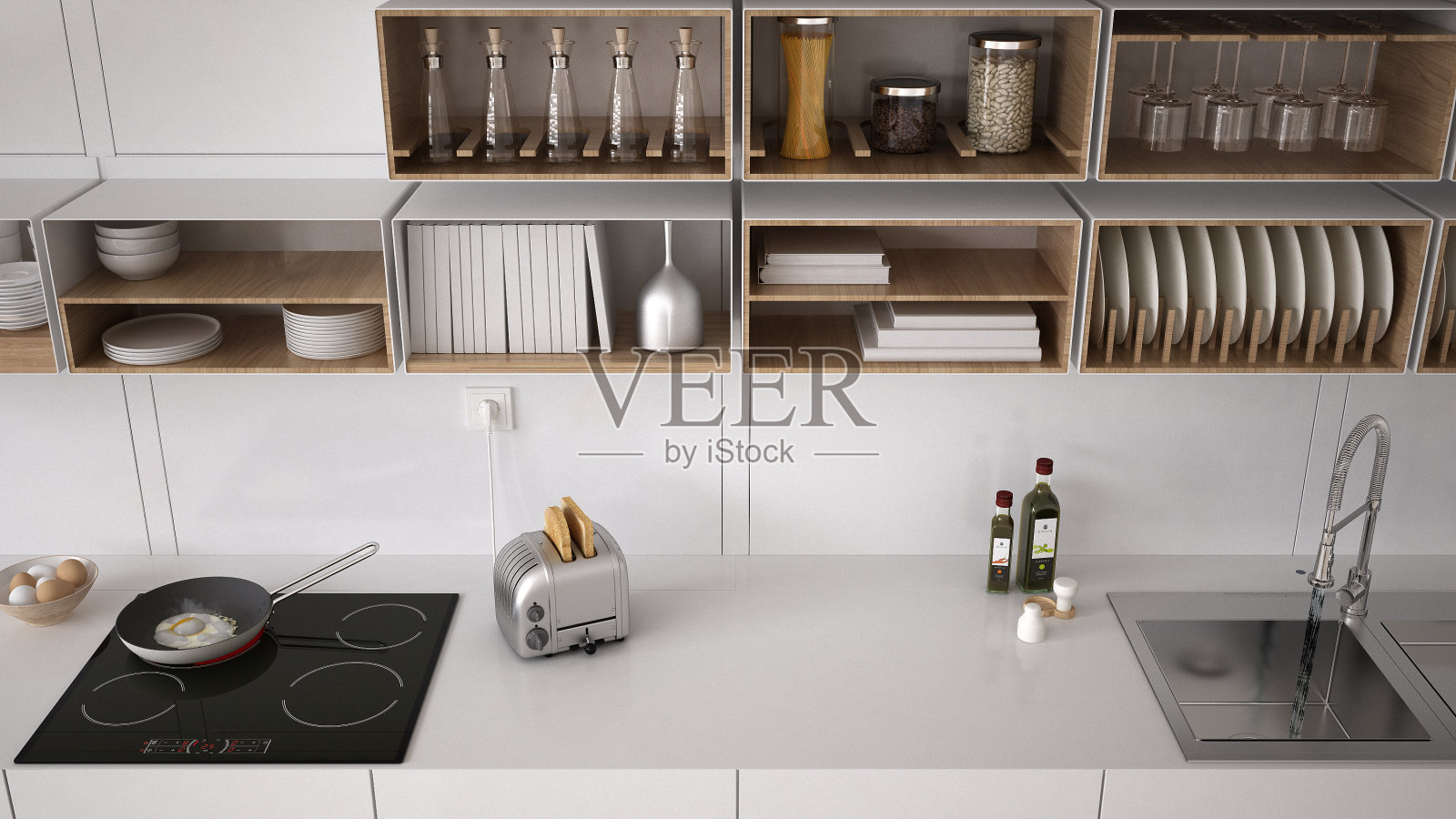 斯堪的纳维亚白色厨房，搁架系统，简约的室内设计照片摄影图片