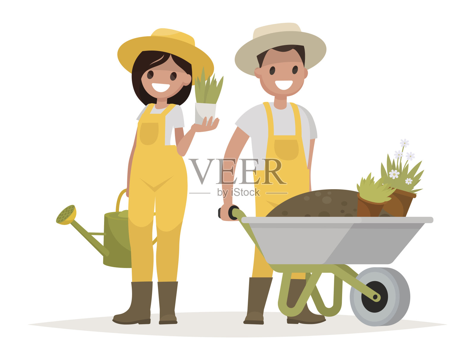 一些园丁。一个扛着手推车的男人，一个女人设计元素图片