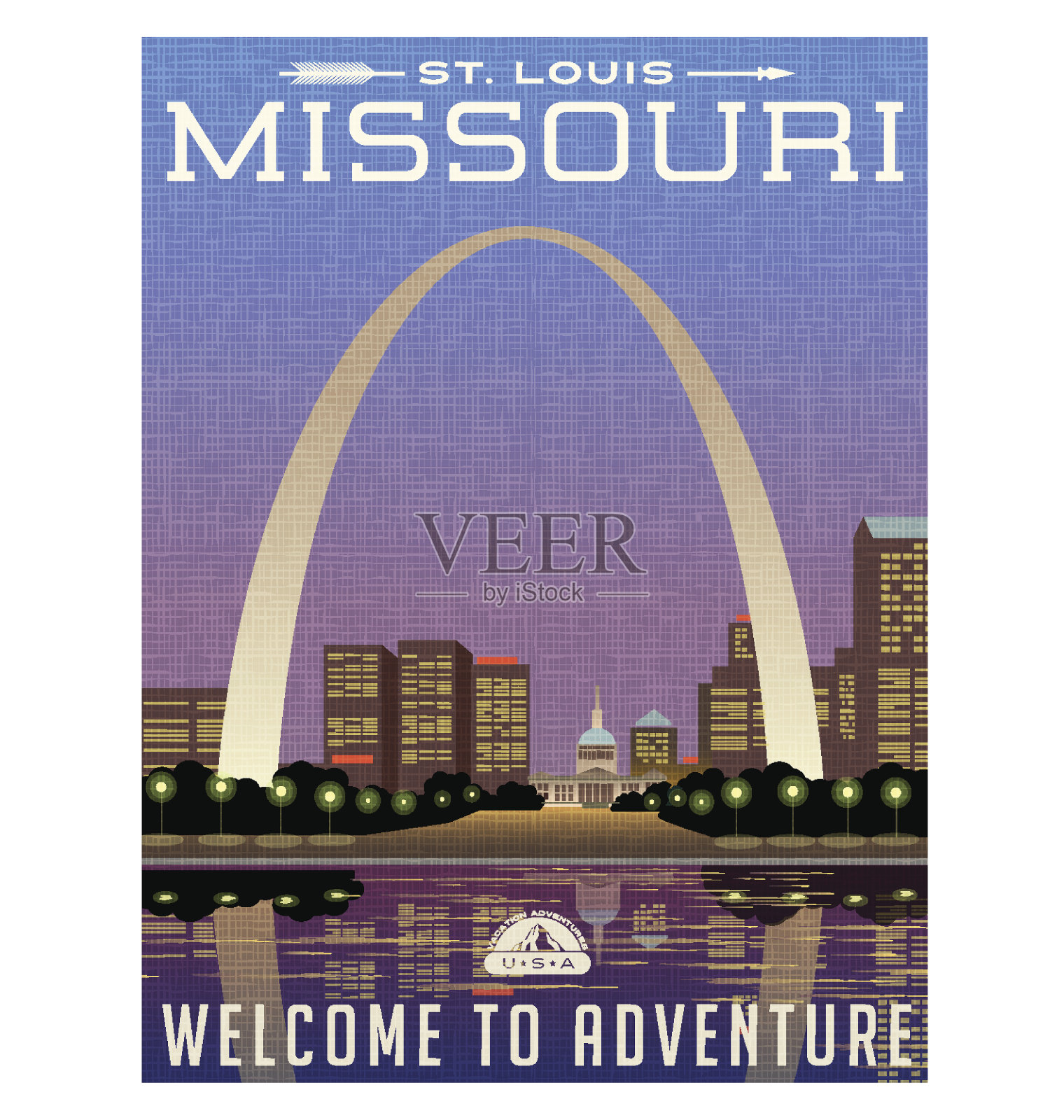 美国密苏里州旅行海报或行李贴纸。风景插图的大门拱门和市中心的圣路易斯在晚上。设计模板素材