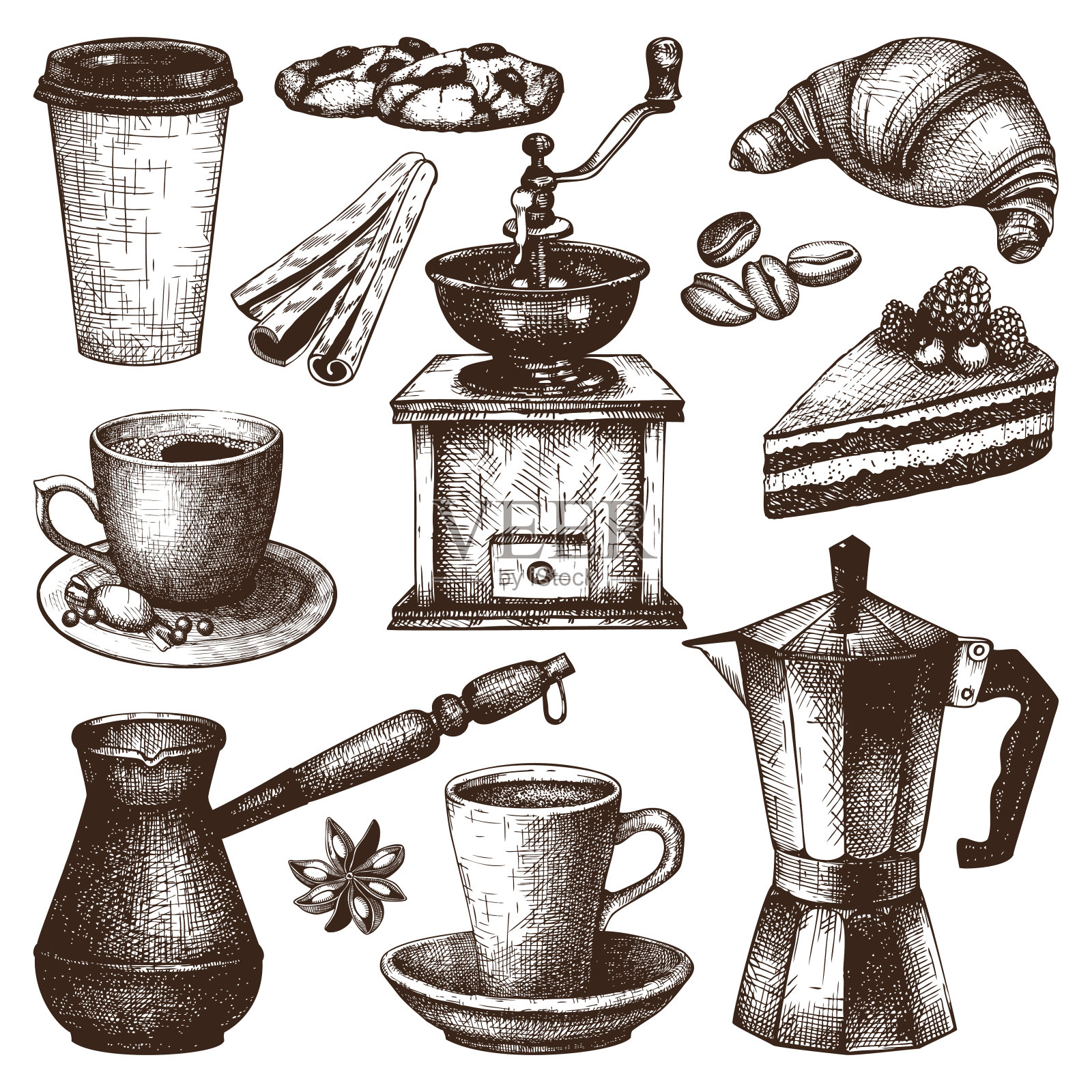 复古咖啡，糕点和香料插画插画图片素材