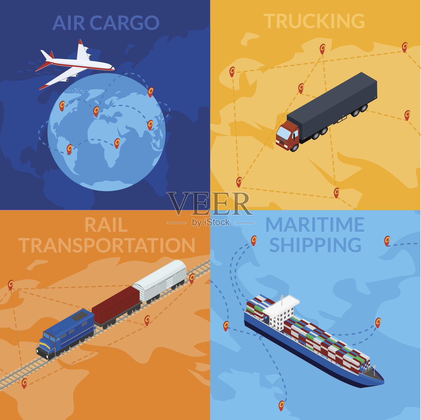 设置物流图标-货运火车，轮船，卡车，货运飞机。插画图片素材