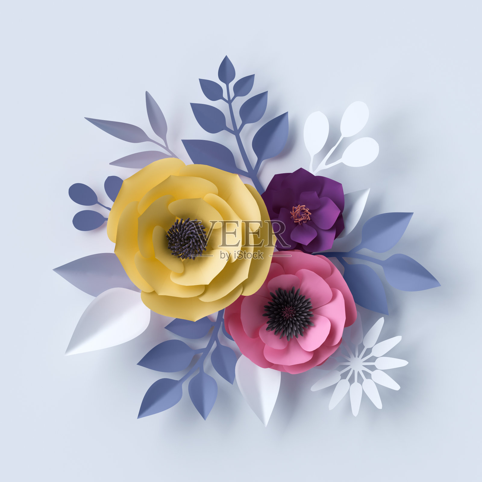 3d渲染，数字插图，黄蓝纸花设计，花卉节日背景插画图片素材
