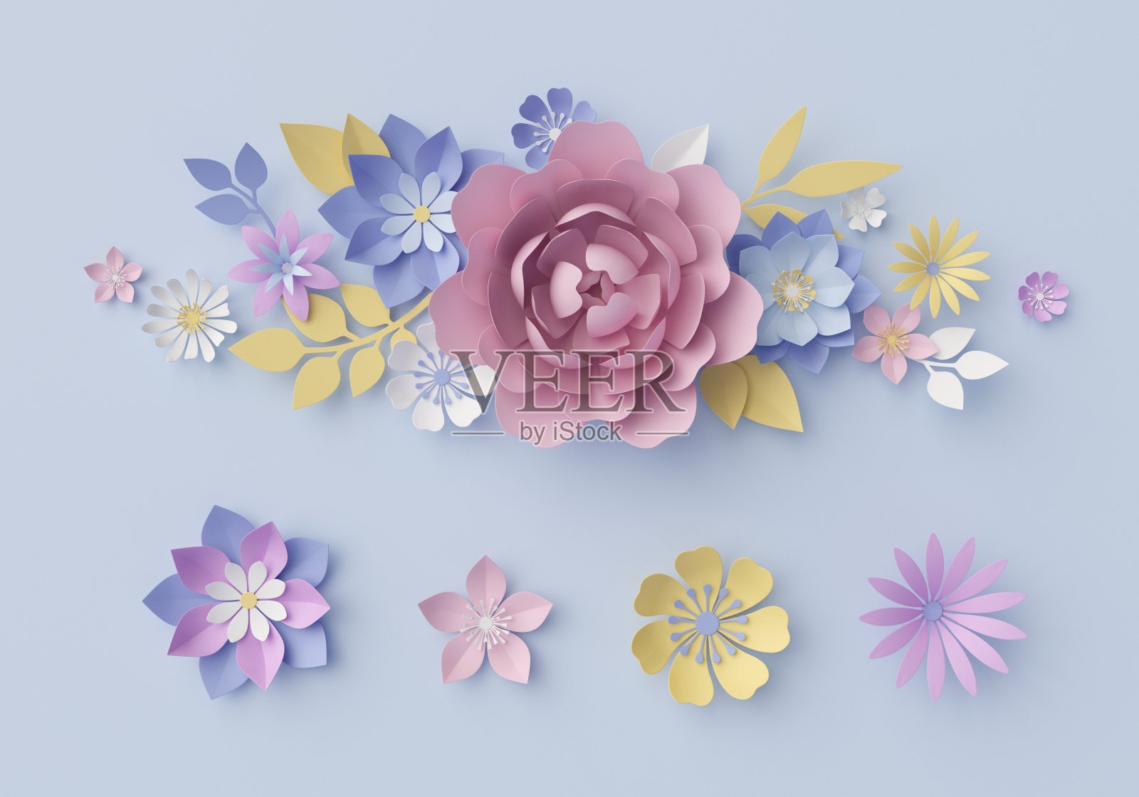 3d渲染，数字插图，蓝色花卉背景，蜡笔纸花，节日墙壁装饰，装饰装饰品，新娘花束，贺卡插画图片素材