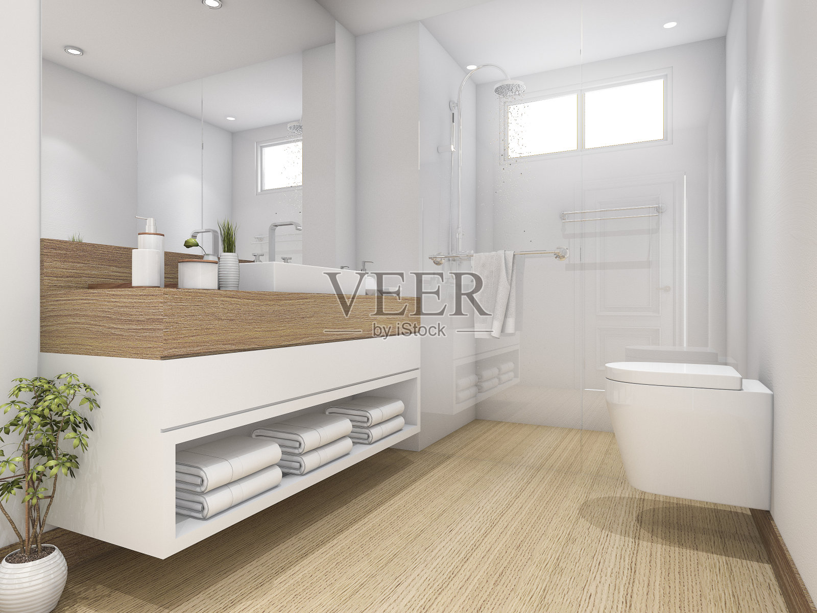 3d渲染白色木材设计浴室和卫生间照片摄影图片